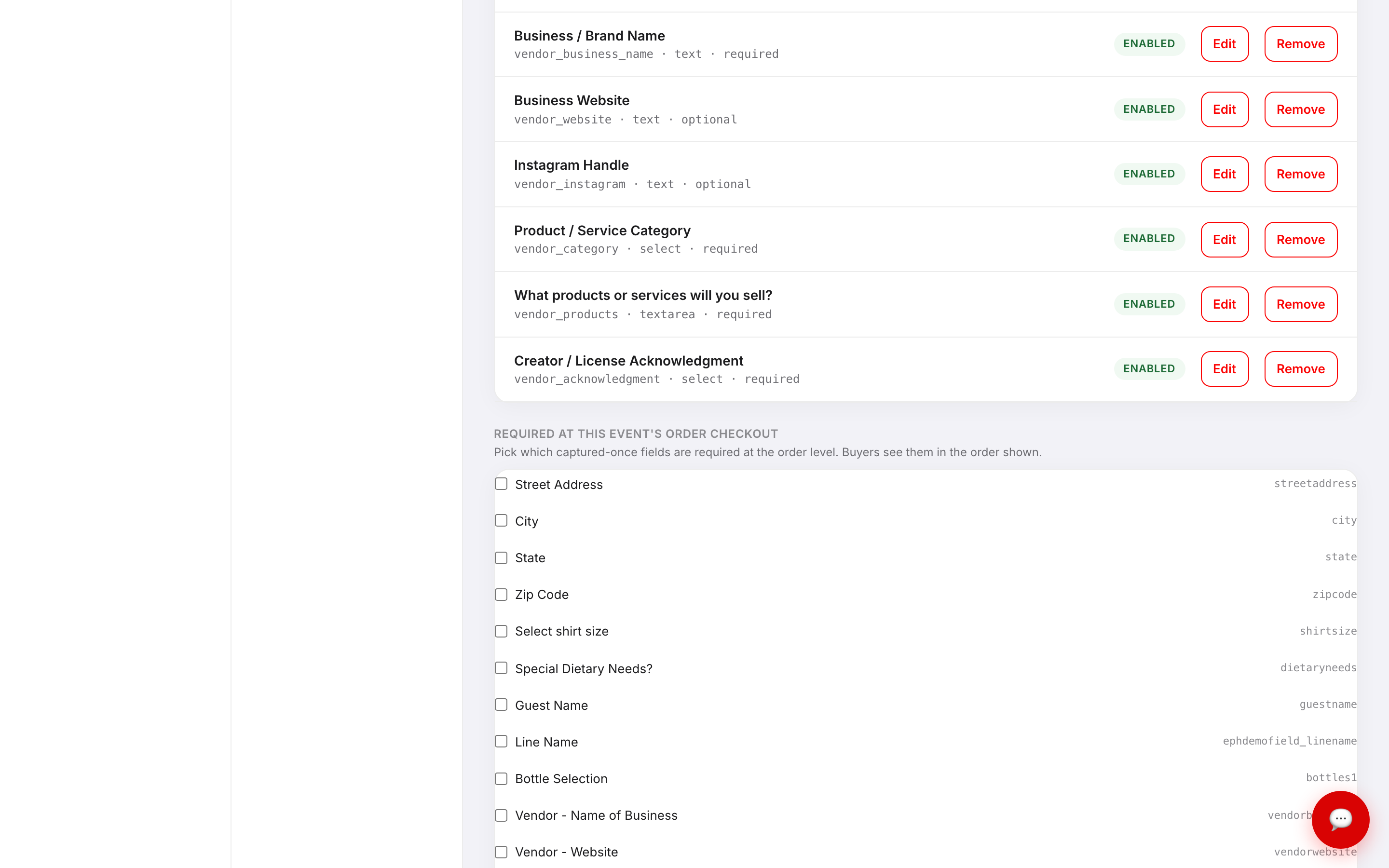 The Required at this event's order checkout panel with a checklist of captured-once fields and a Save button