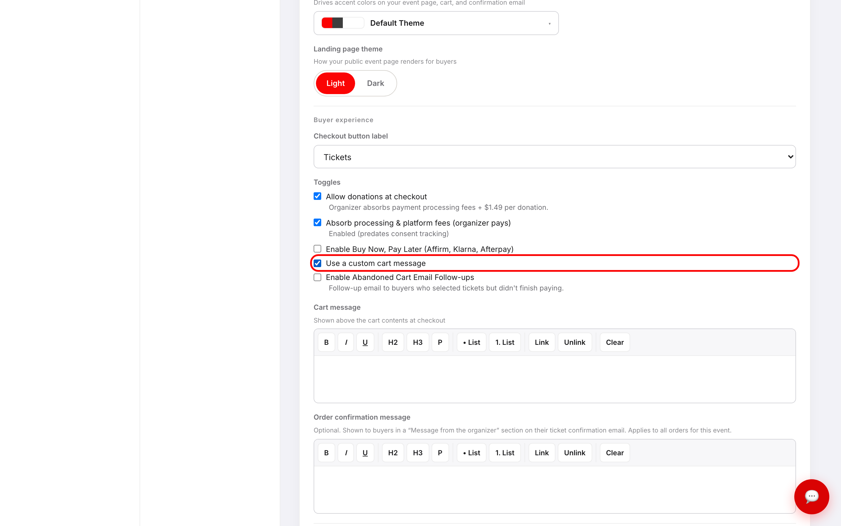 The Toggles block on Basic Info with Use a custom cart message ticked and outlined in red, revealing the Cart message rich-text editor below it