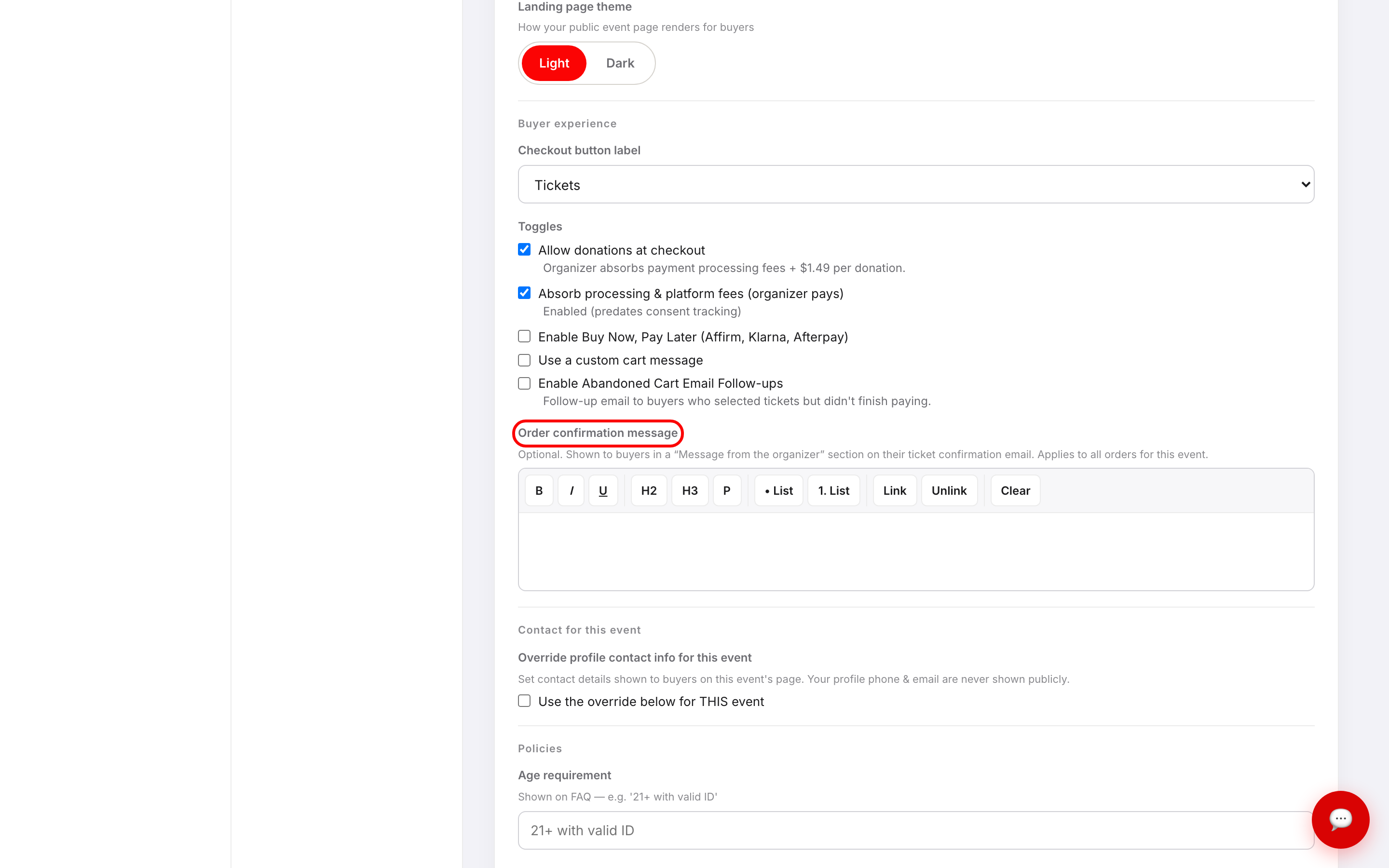 The Order confirmation message field on Basic Info, outlined in red, with its rich-text toolbar and helper text explaining it appears in a Message from the organizer section on the ticket confirmation email