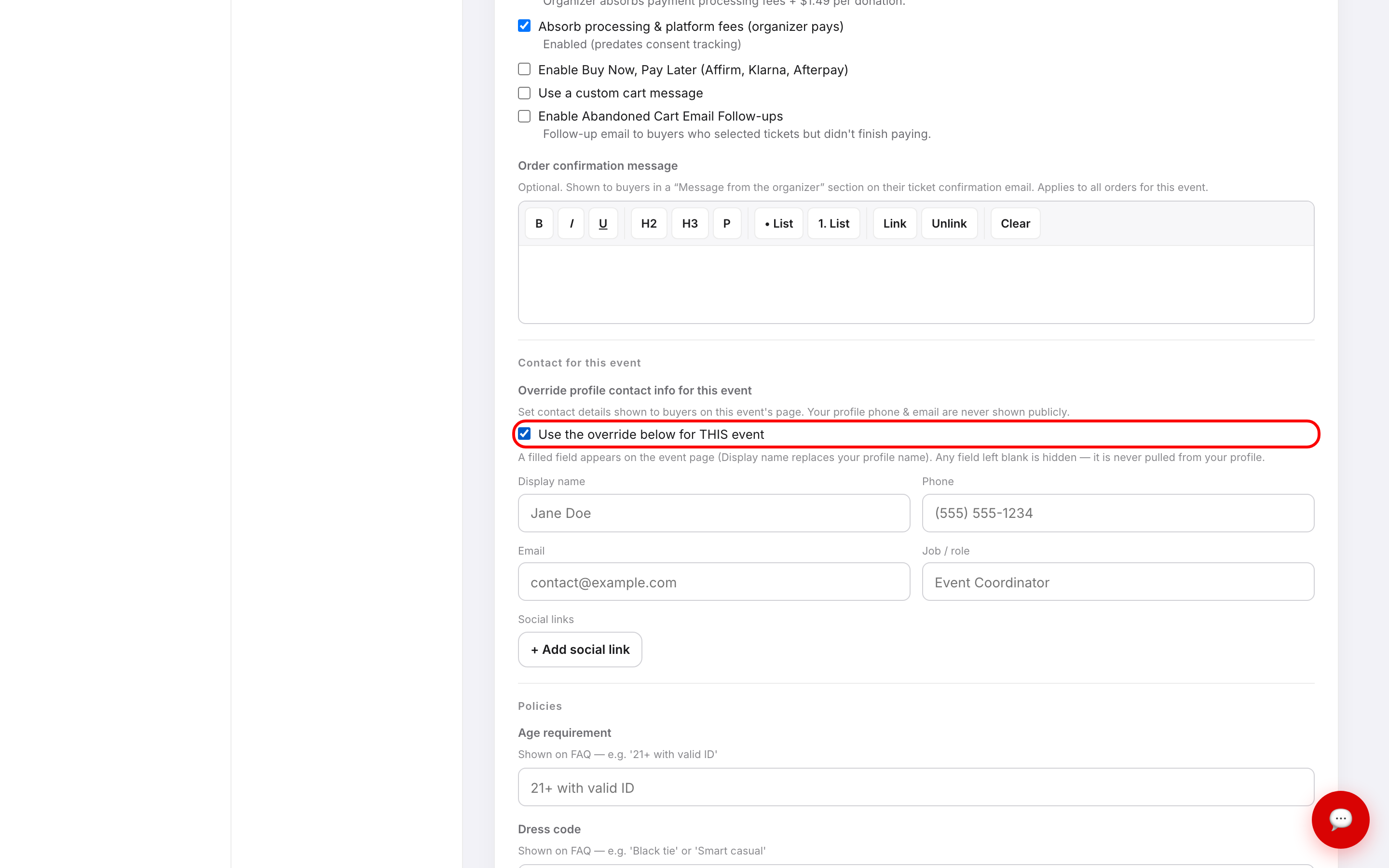 The Contact for this event block with the override checkbox ticked and outlined in red, showing Display name, Phone, Email, Job or role fields and an Add social link button