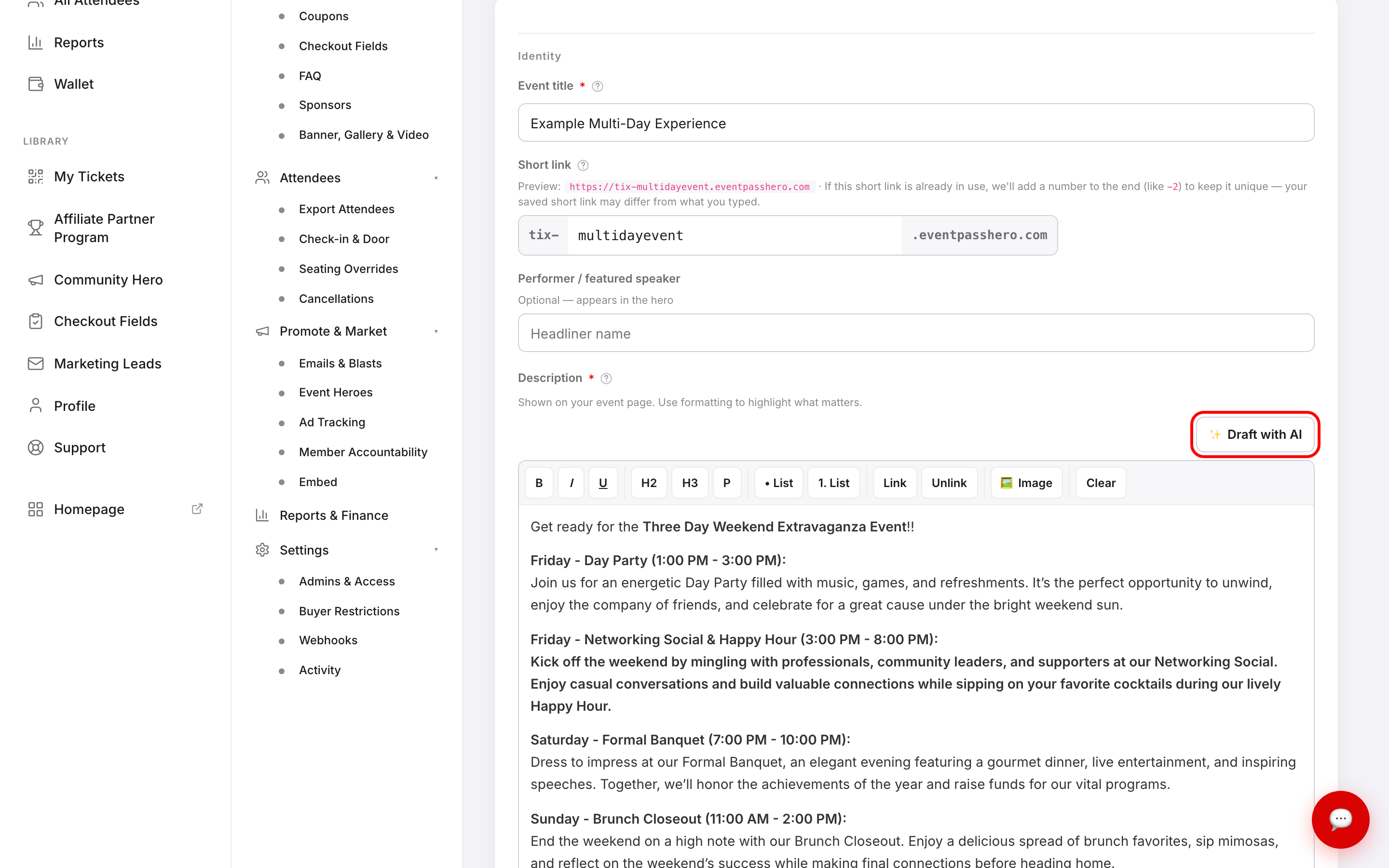 The event description field on Basic Info with the Draft with AI button outlined in red