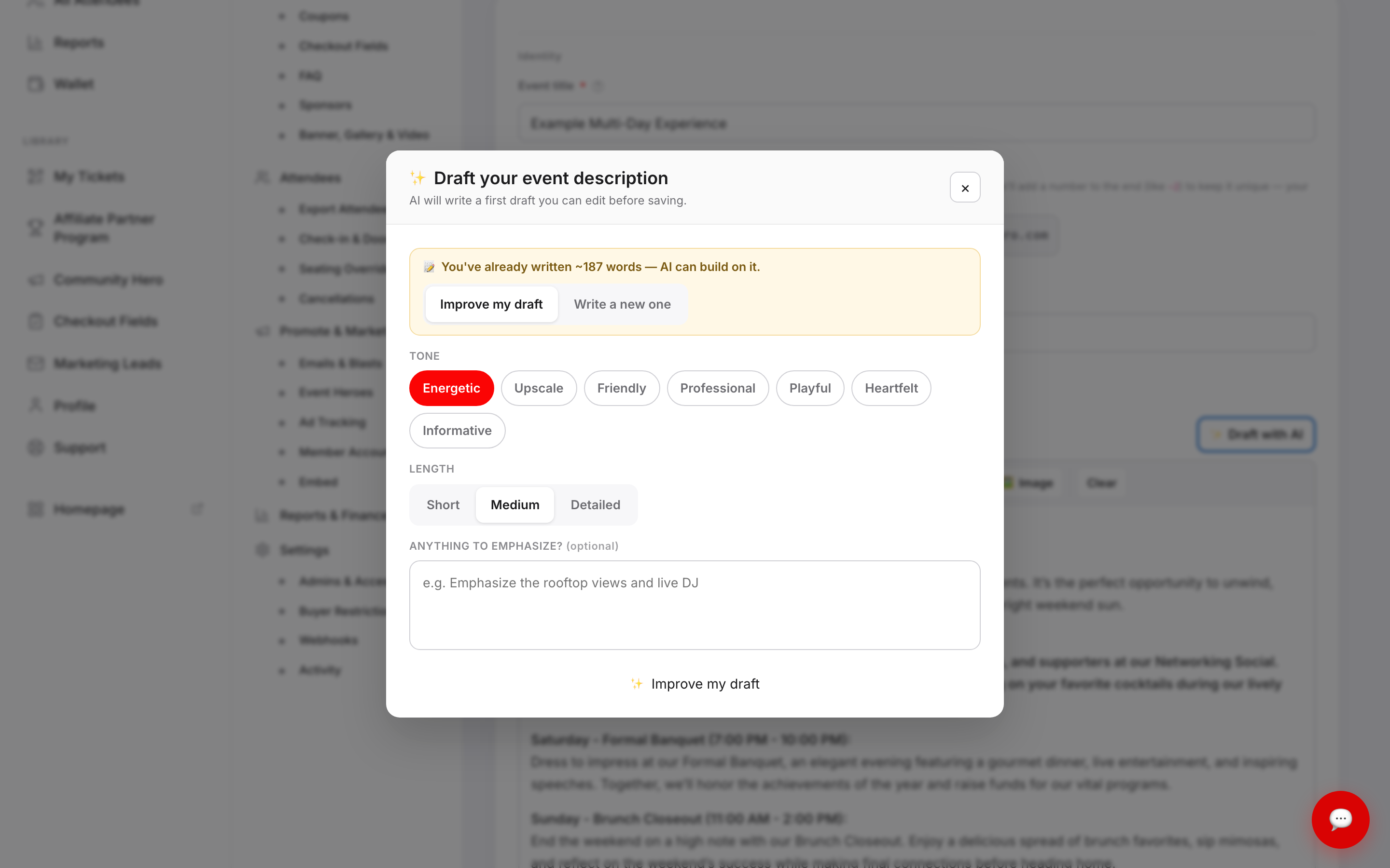 The Draft your event description dialog showing a notice that you have already written 187 words, Improve my draft and Write a new one options, tone chips, length options, and an emphasis field