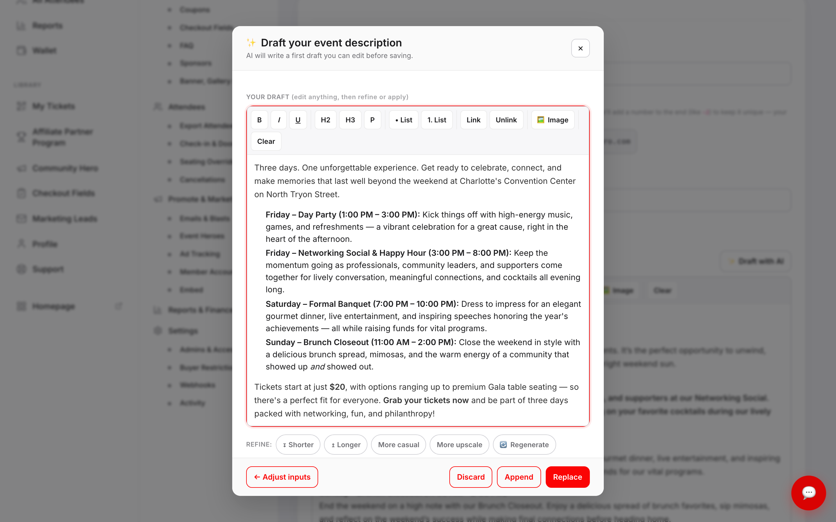 The AI dialog showing a generated event description in an editable rich-text box, refine chips including Shorter, Longer, More casual and Regenerate, and Discard, Append and Replace buttons