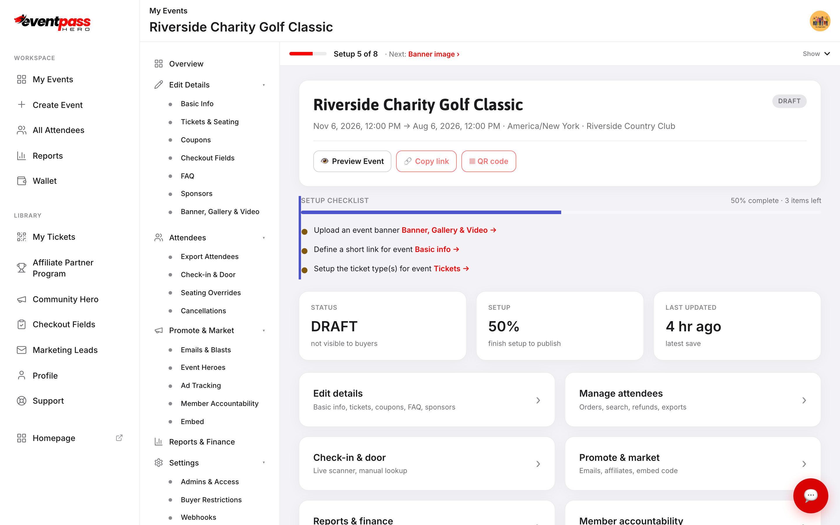 The event Overview screen for a draft event showing the Lifecycle section with Publish, Duplicate, and Archive buttons