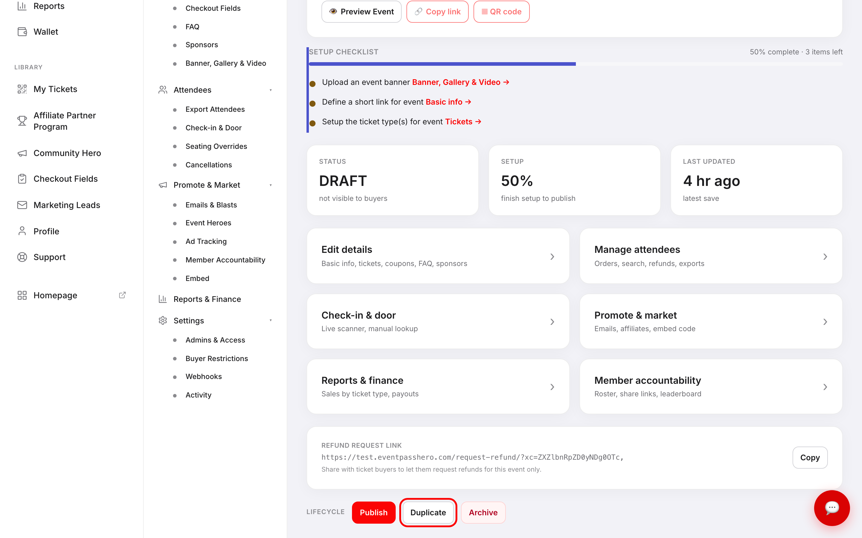 The Lifecycle section zoomed in on a draft event with the Duplicate button highlighted