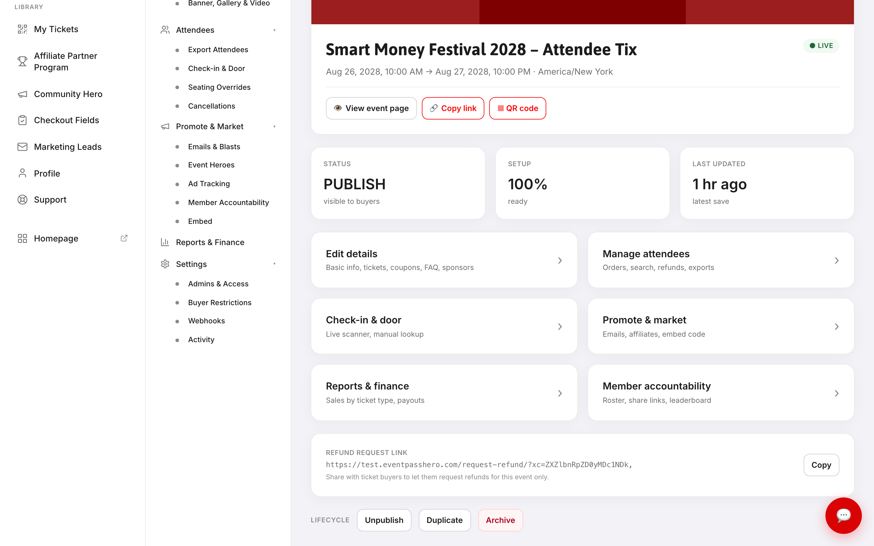 The Lifecycle section on a live published event showing the Unpublish button instead of Publish, alongside Duplicate and Archive