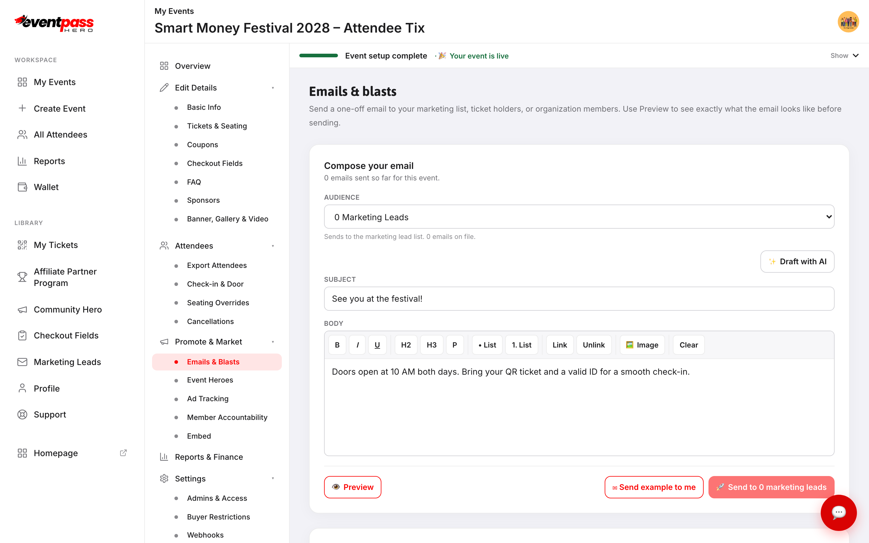 The Emails & blasts compose screen with audience choices, subject, and body editor