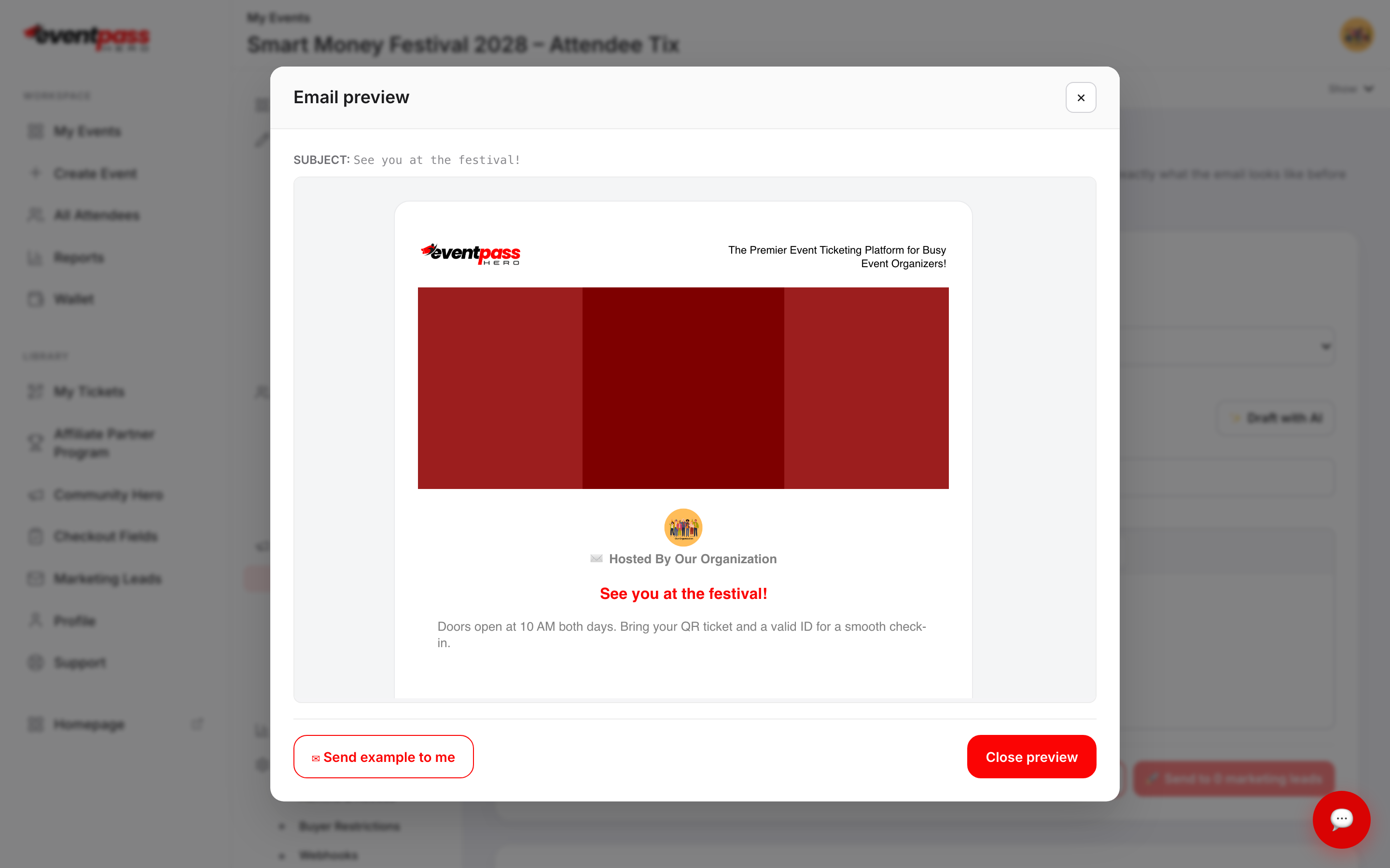The email preview dialog showing the branded template with the event banner and message