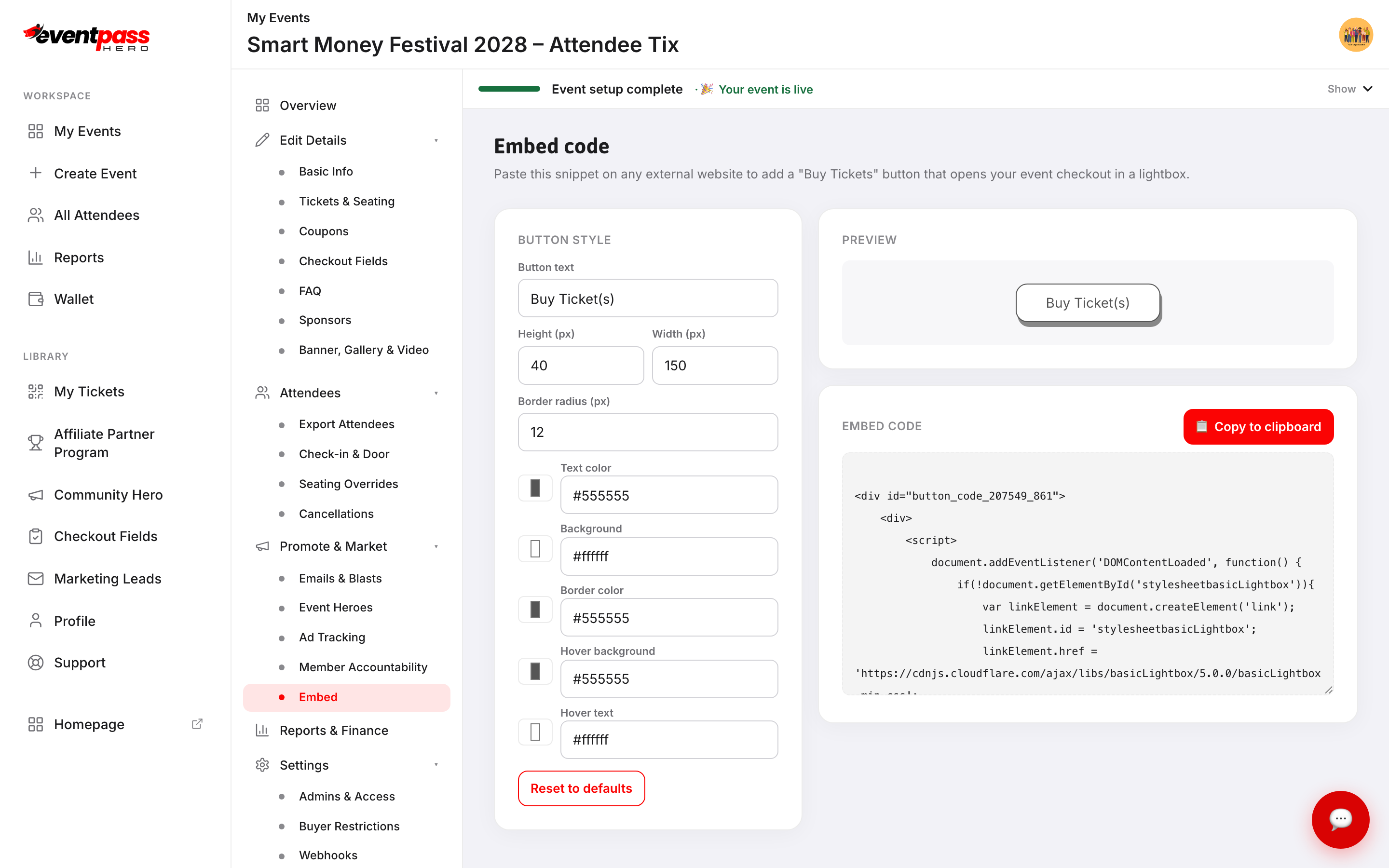 The Embed code screen showing the button style controls, a live Buy Ticket(s) preview, and the Copy to clipboard button at the bottom