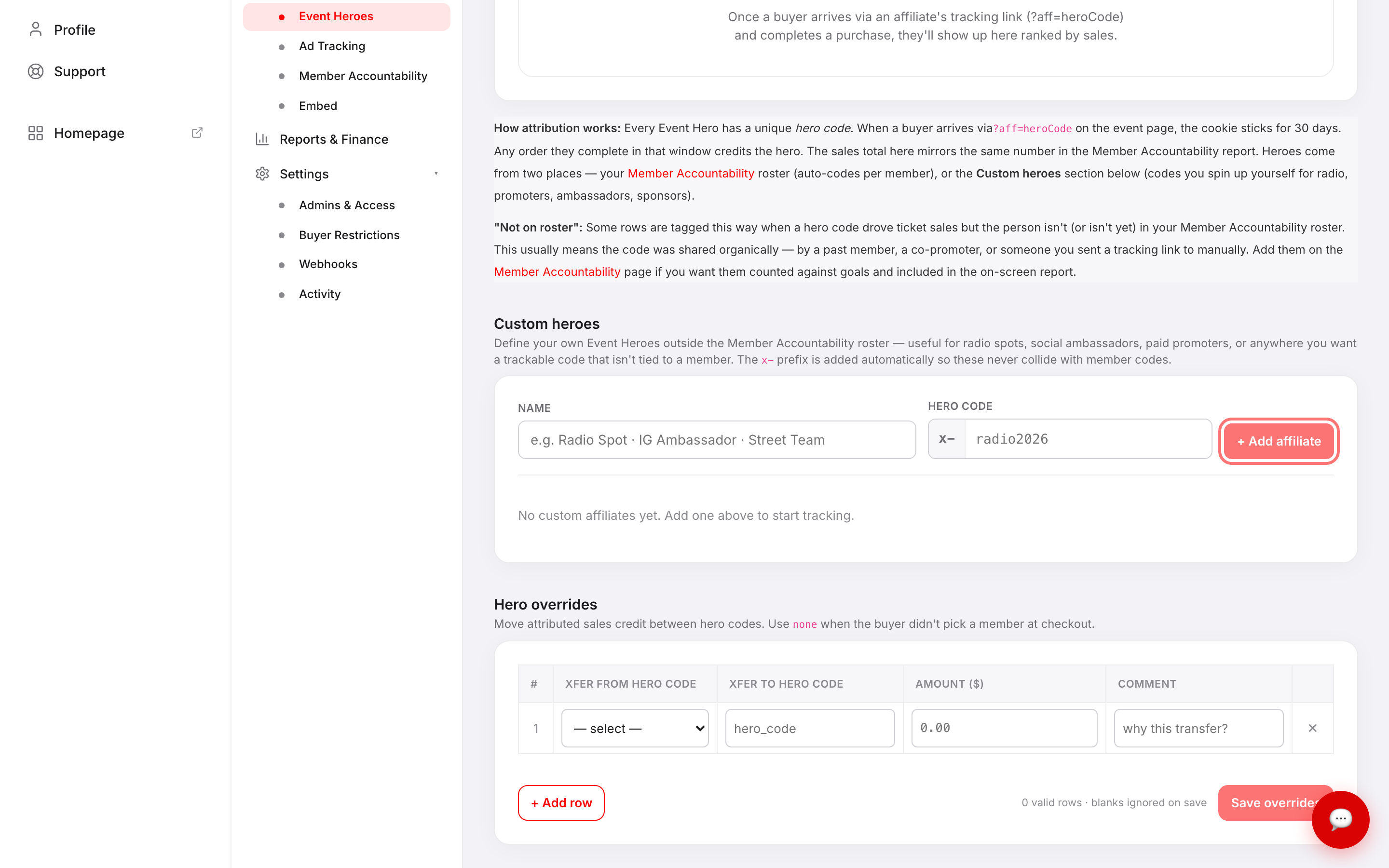 The Custom heroes section with the Add affiliate button highlighted
