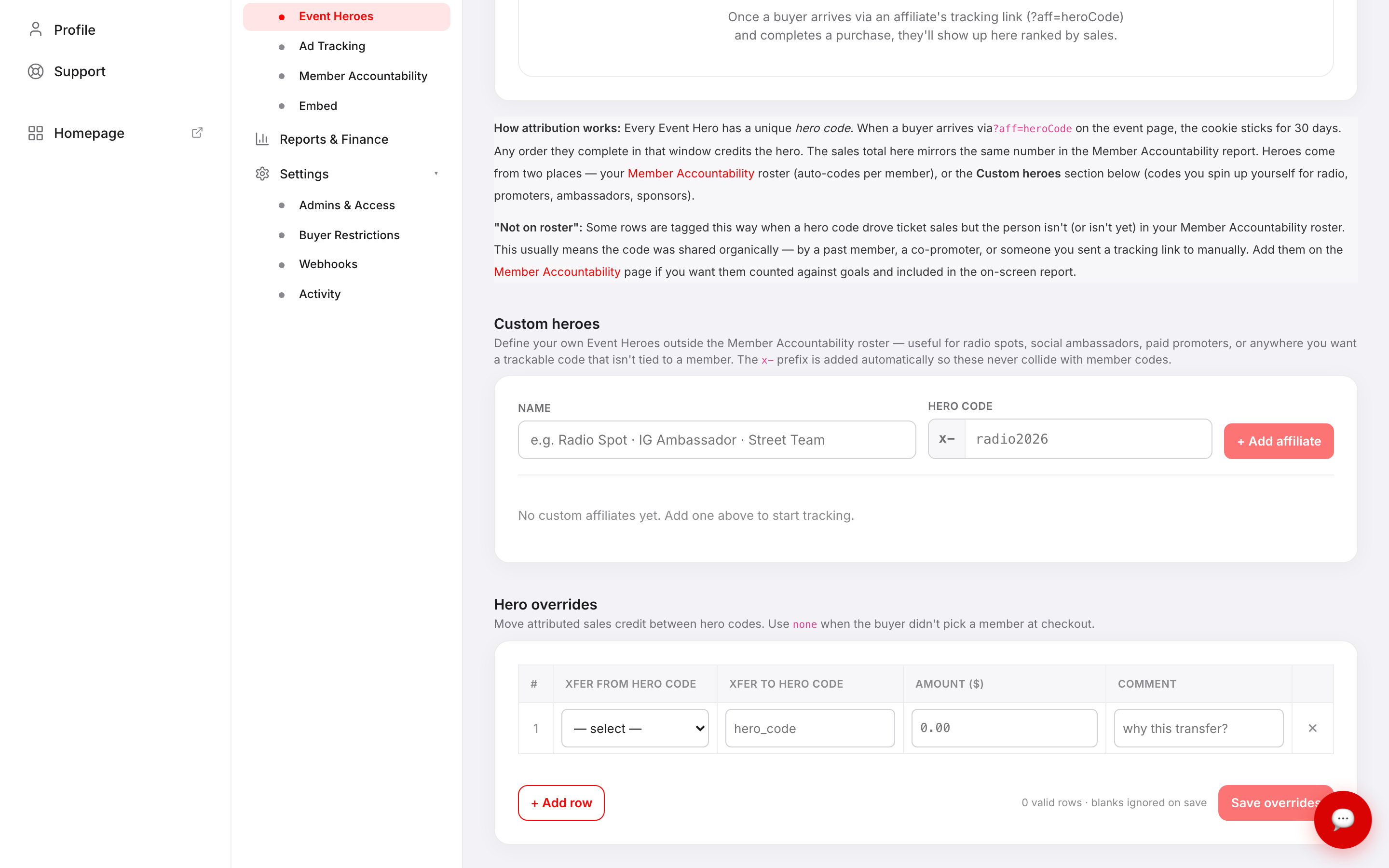 The Add affiliate form showing the Name and Hero code fields inline in the Custom heroes section