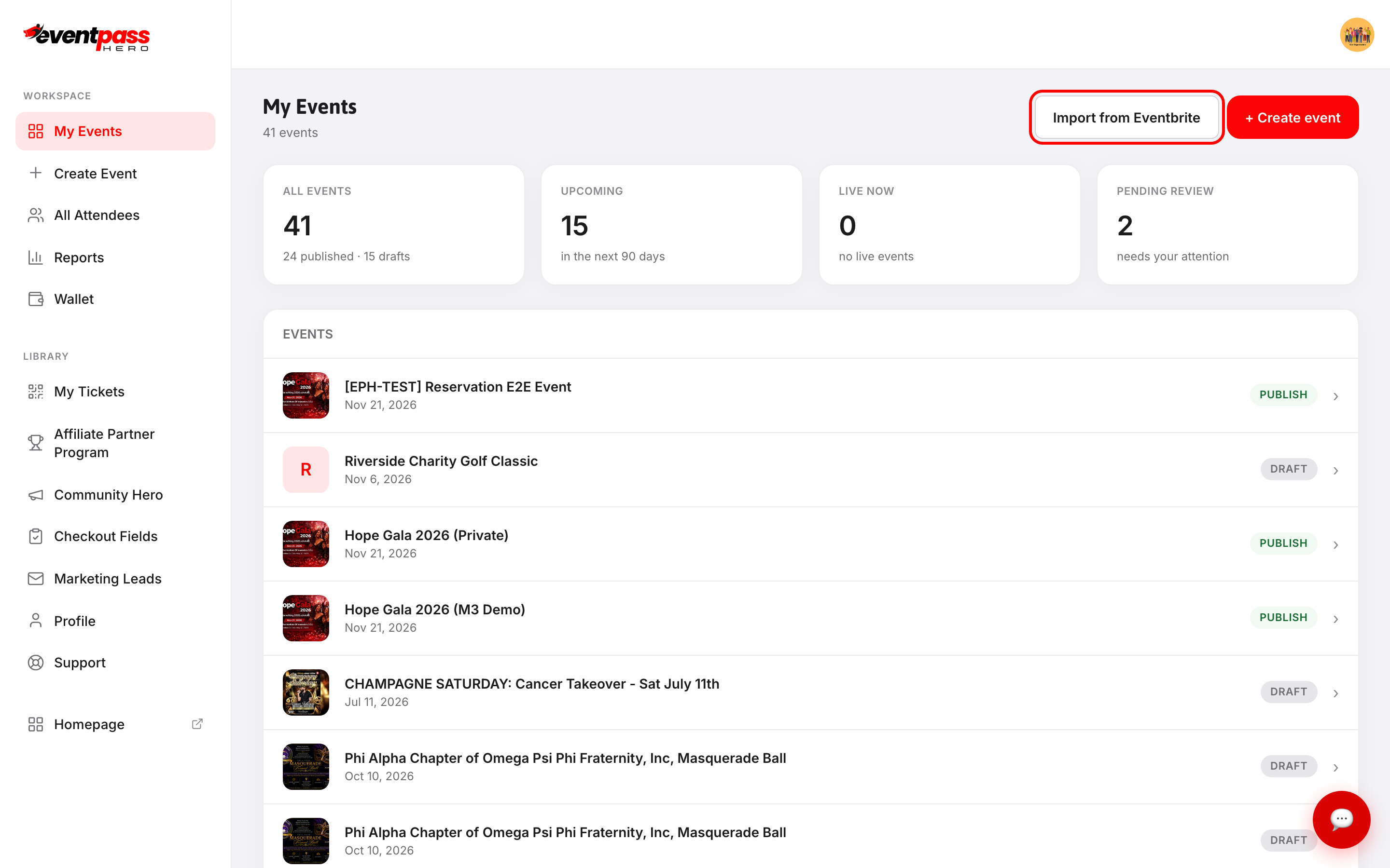 The My Events screen with the Import from Eventbrite button outlined in red, next to the Create event button