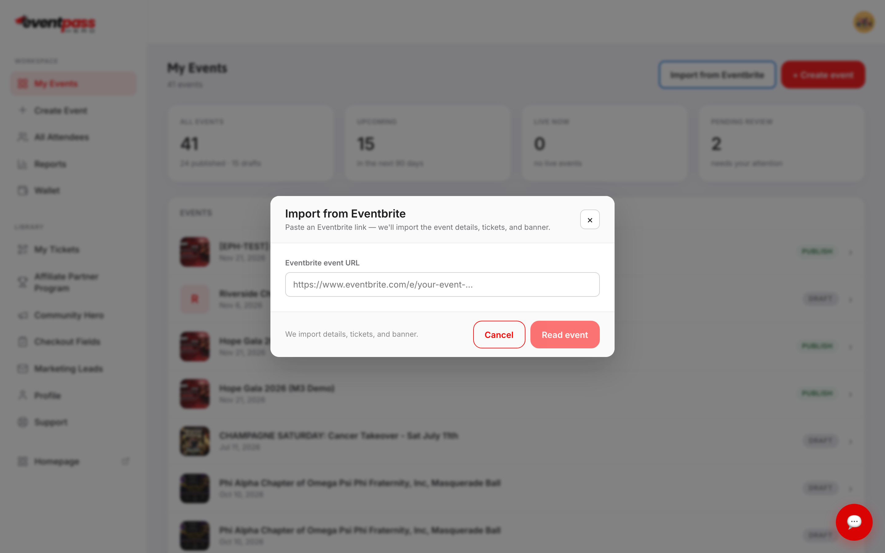 The Import from Eventbrite dialog with the Eventbrite event URL field, Cancel button, and Read event button