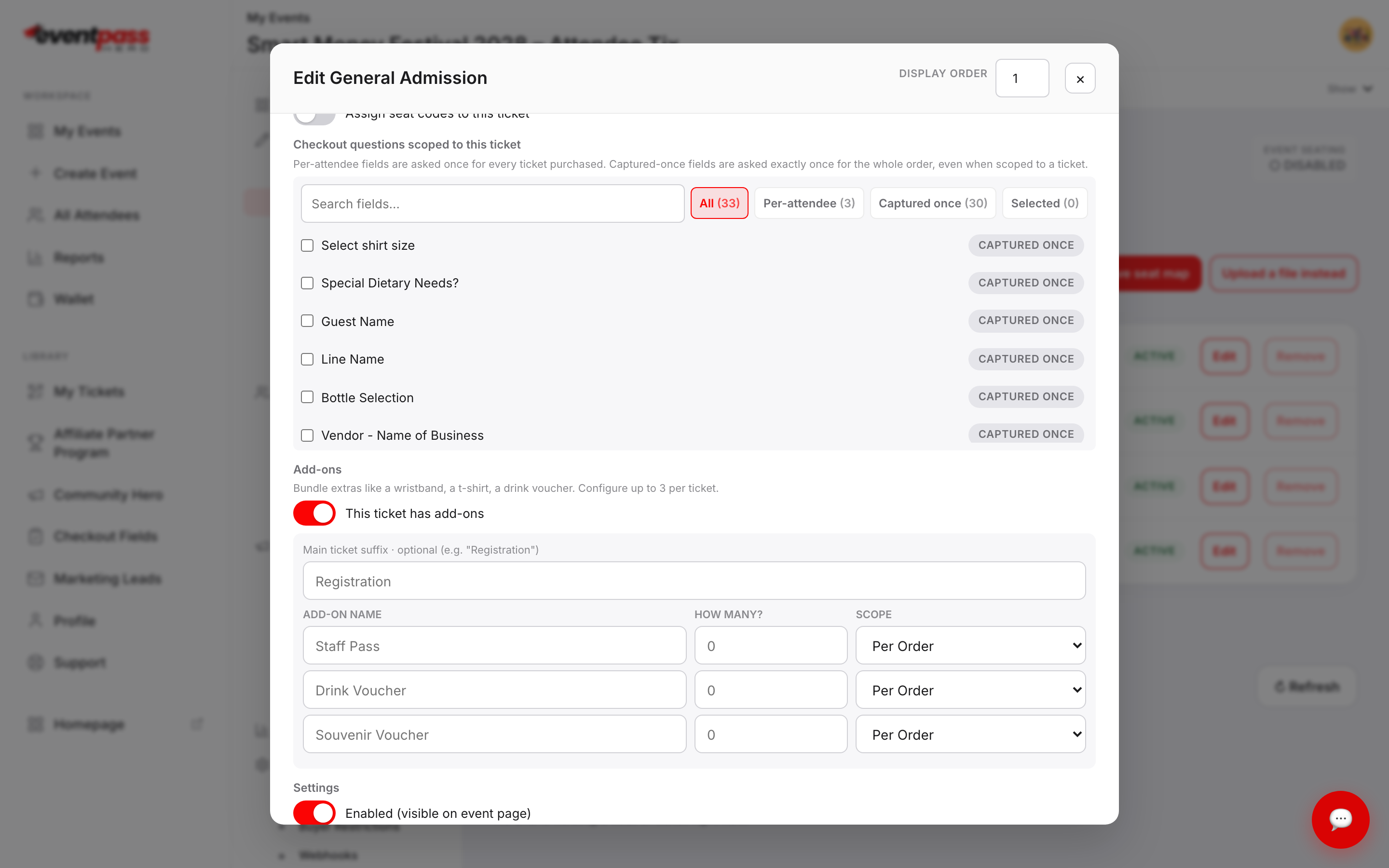 The expanded Add-ons grid showing a main ticket suffix field and three rows with Add-on name, How many, and Scope columns