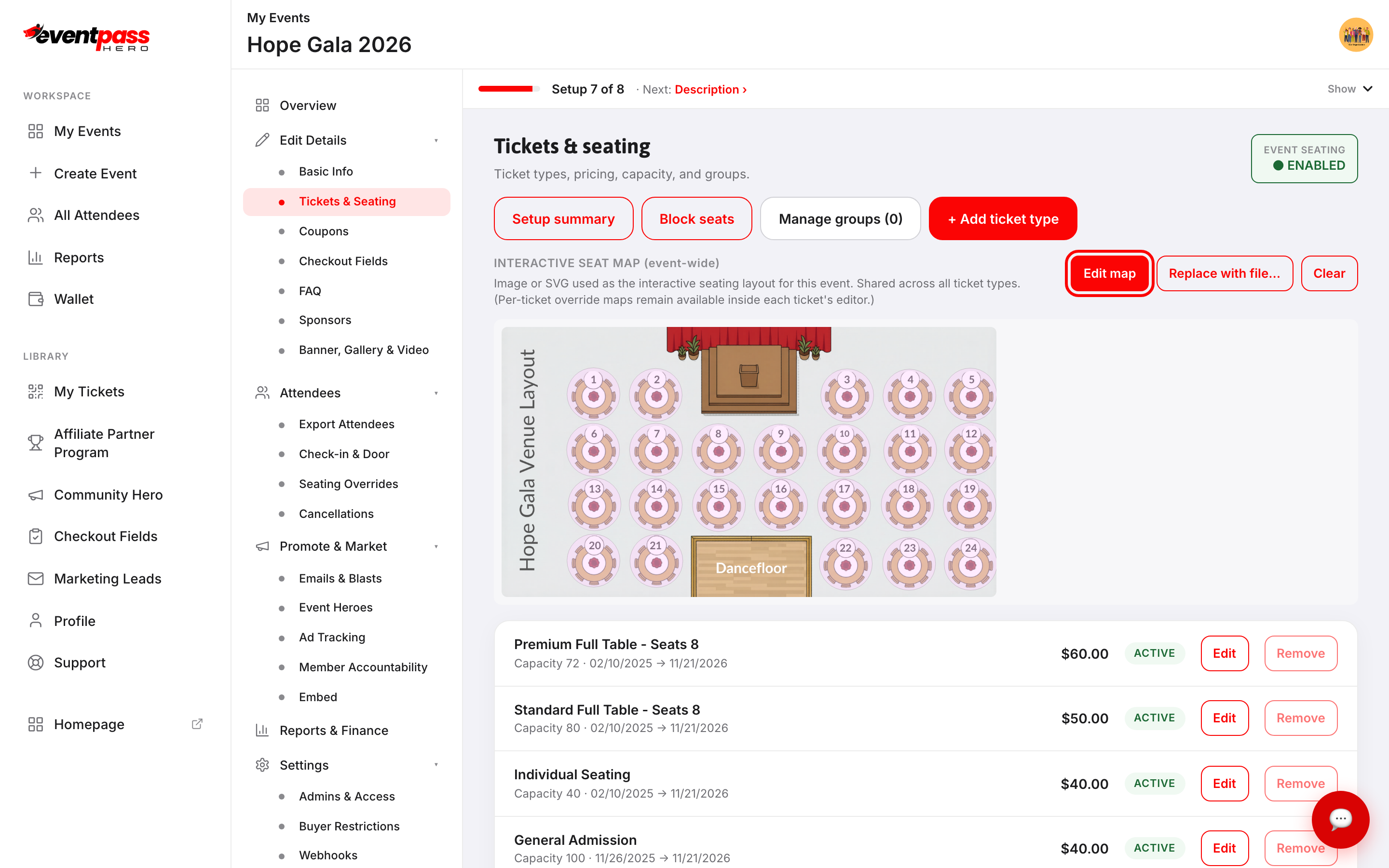 The Tickets & seating screen for a gala with Event Seating enabled and the Edit map button highlighted
