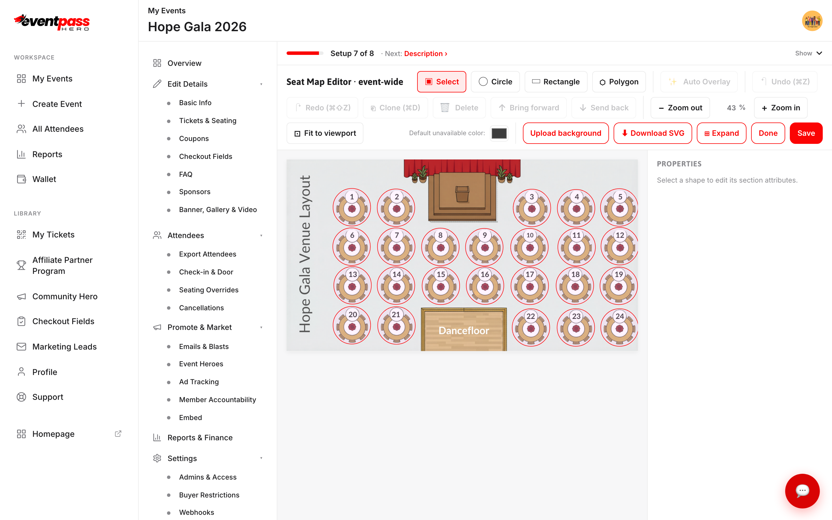 The Seat Map Editor showing a banquet layout of numbered tables with drawing tools and a properties panel