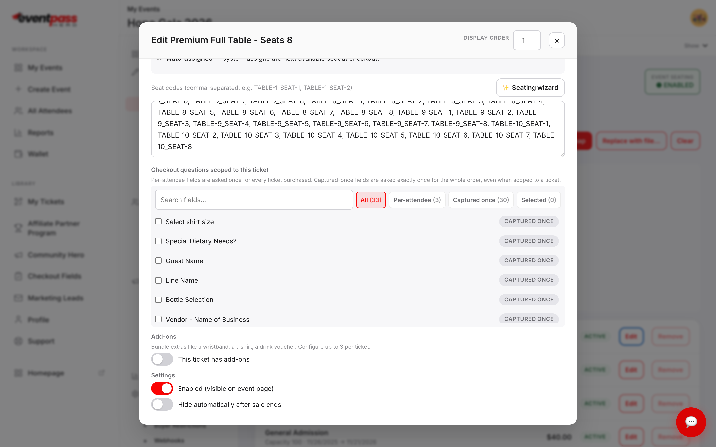 The ticket editor for a table bundle showing its seat codes and the Seating wizard button