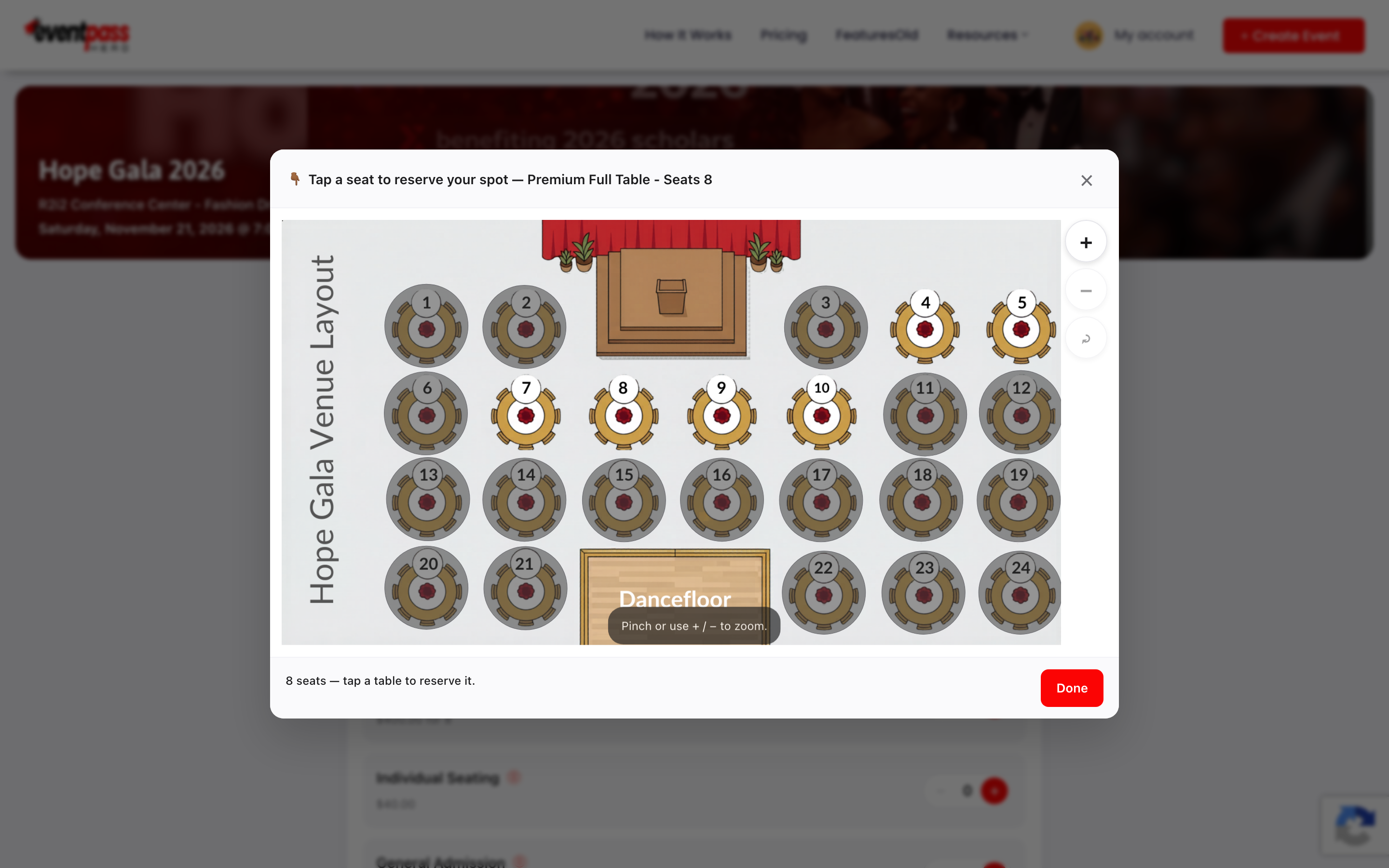 The buyer's view of the venue map at checkout with the prompt to tap a table to reserve it