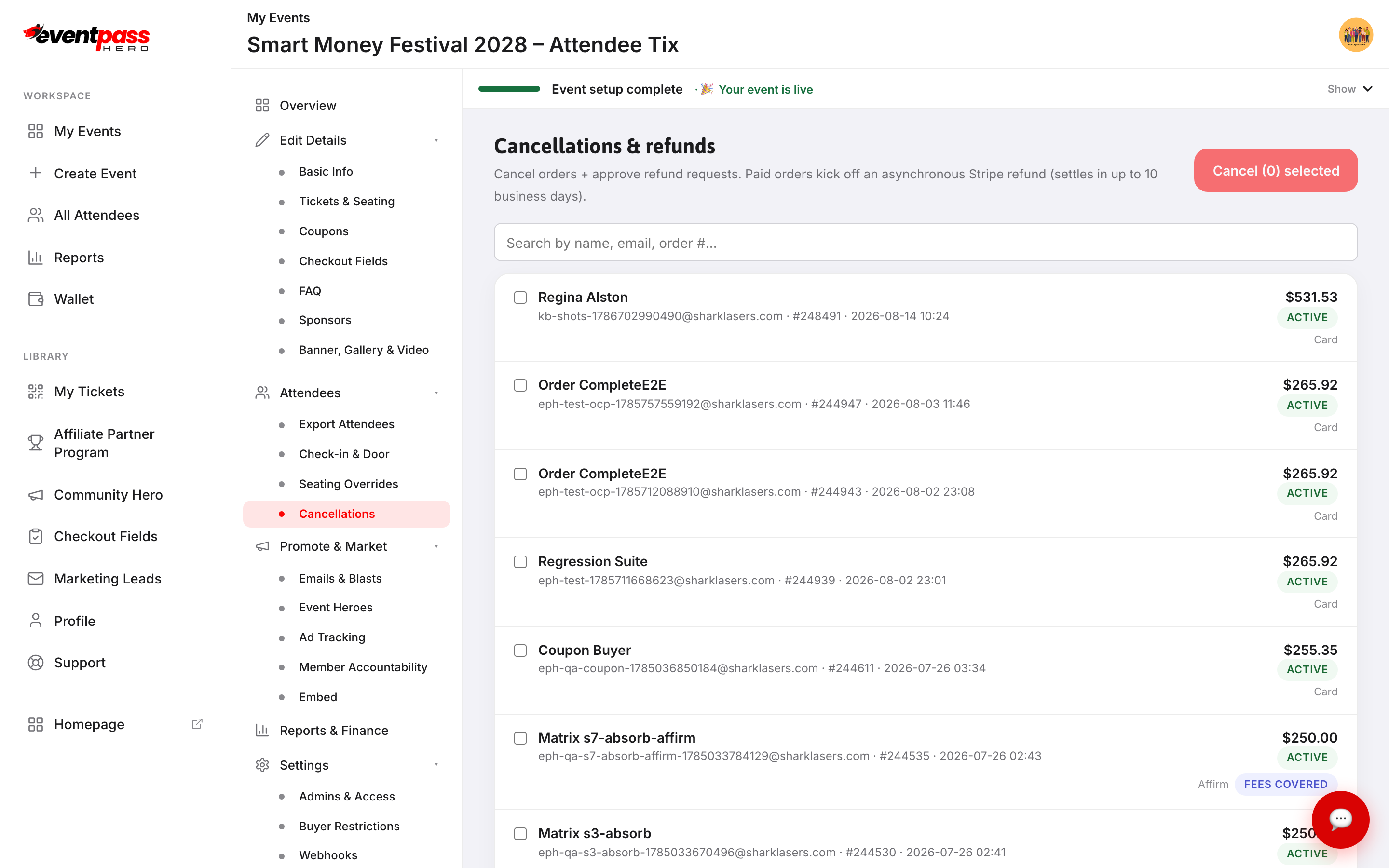 The Cancellations & refunds screen listing orders with status badges and payment methods
