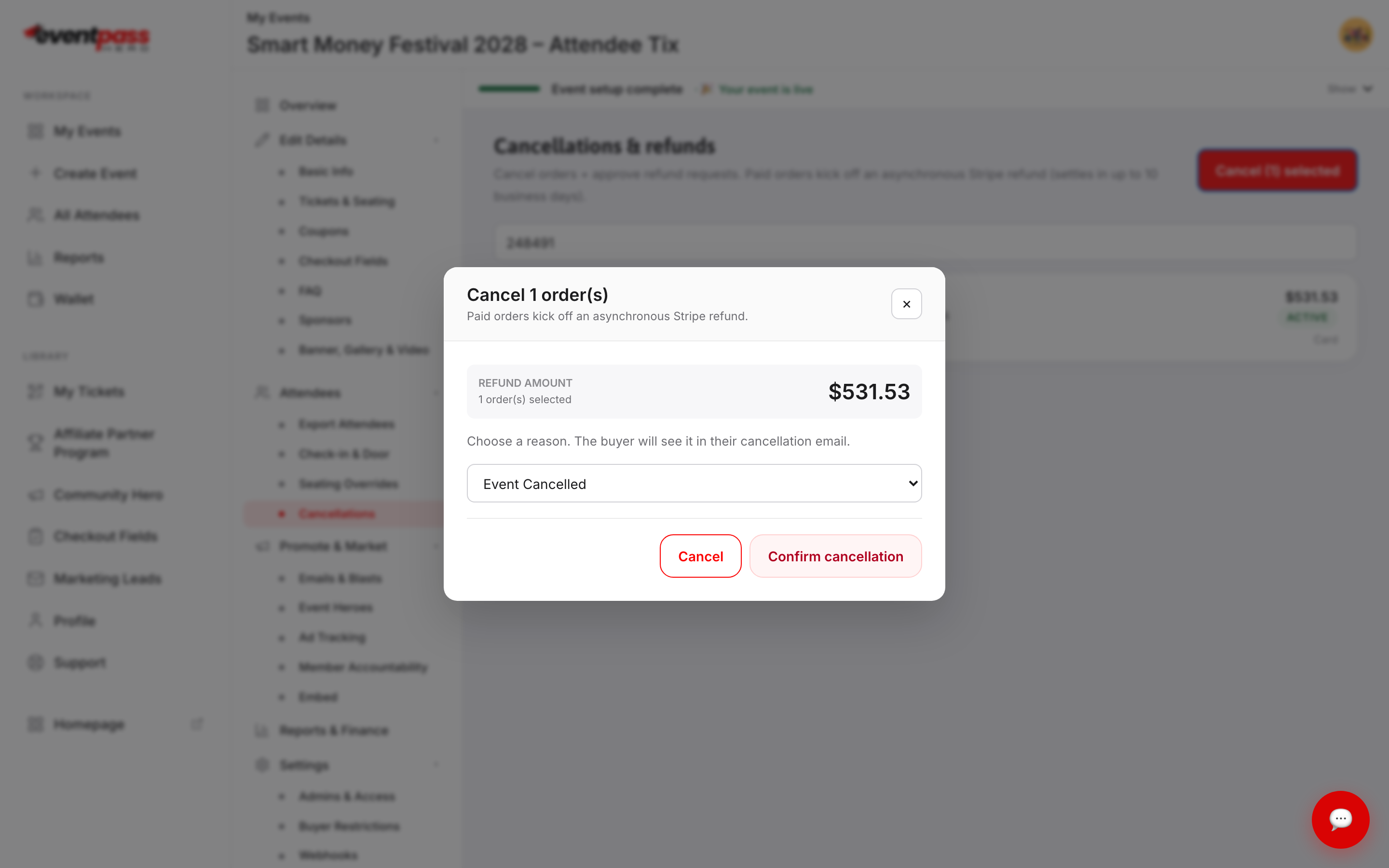 The Cancel order dialog showing the refund amount, the reason selector, and the Confirm cancellation button