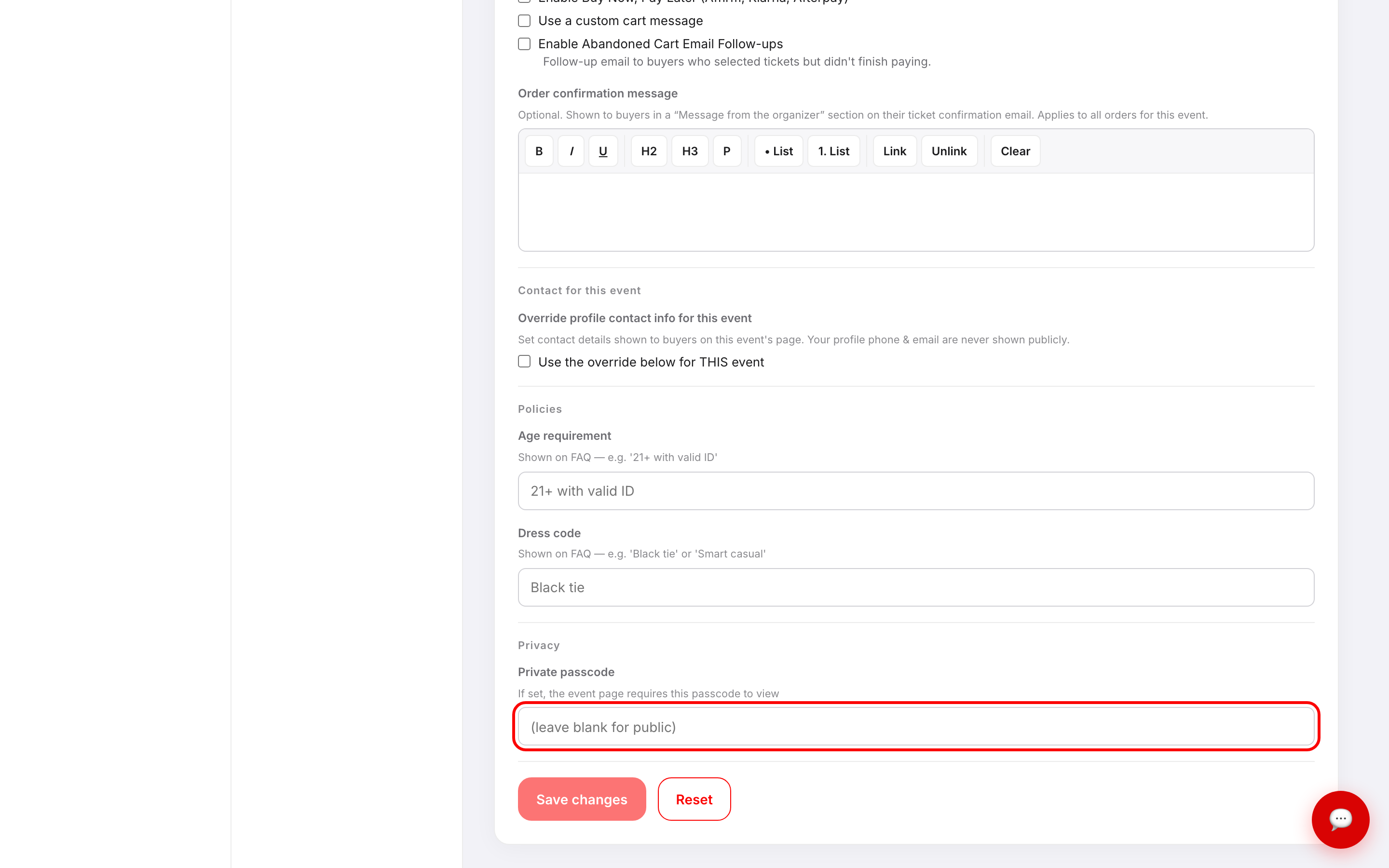 The Privacy section on Basic Info with the Private passcode field outlined in red, showing the placeholder text leave blank for public