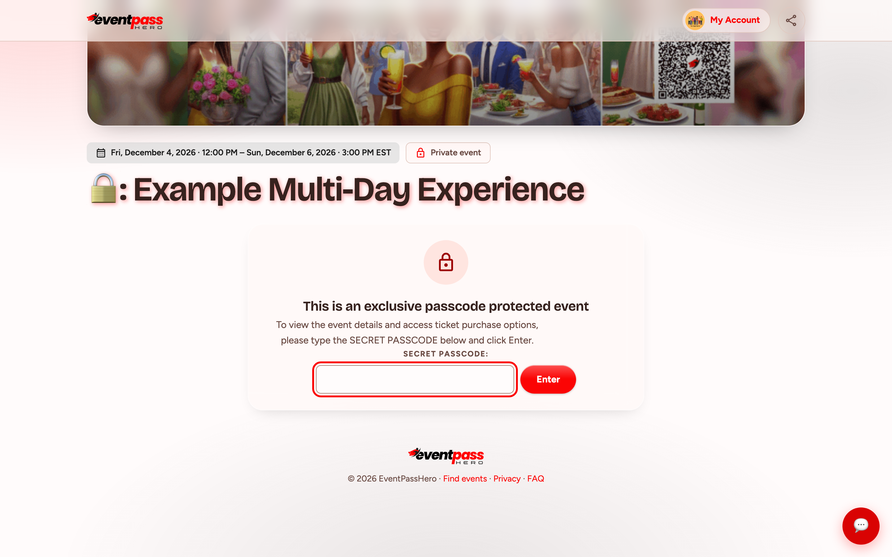 A locked event page showing the banner, a Private event chip, a padlock on the title, and a card reading This is an exclusive passcode protected event with a Secret Passcode field outlined in red and an Enter button