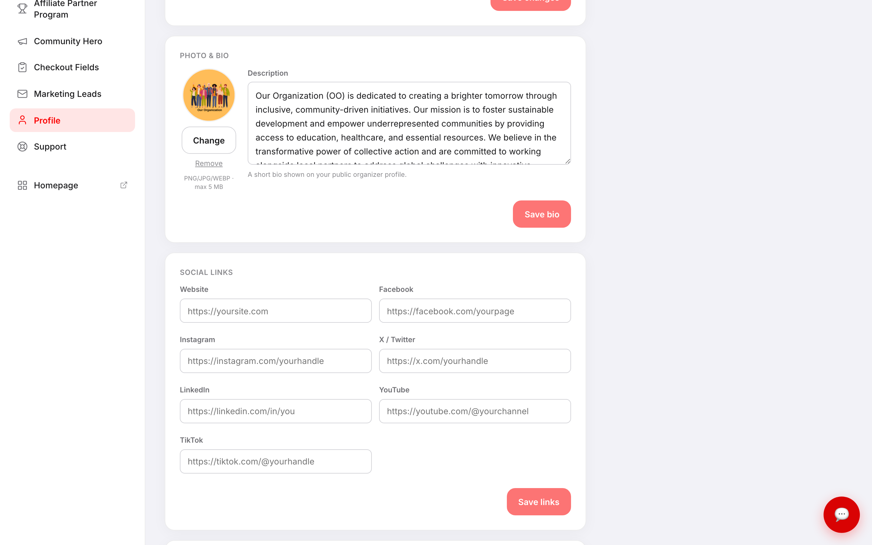 The SOCIAL LINKS card with fields for Website, Facebook, Instagram, X / Twitter, LinkedIn, YouTube, and TikTok, and a Save links button