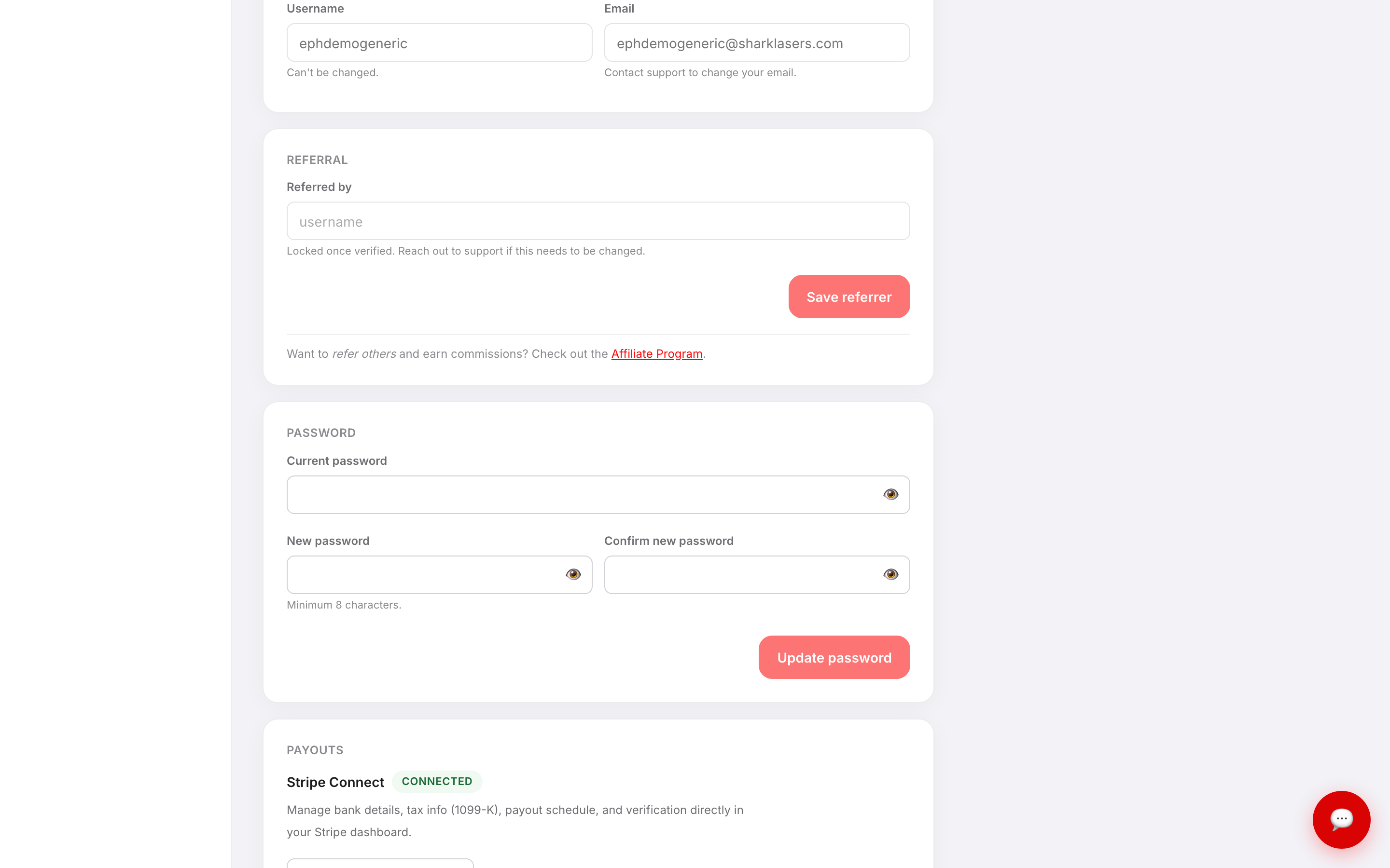 The SIGN-IN card showing username and email fields, the REFERRAL card, and the PASSWORD card with current, new, and confirm password fields