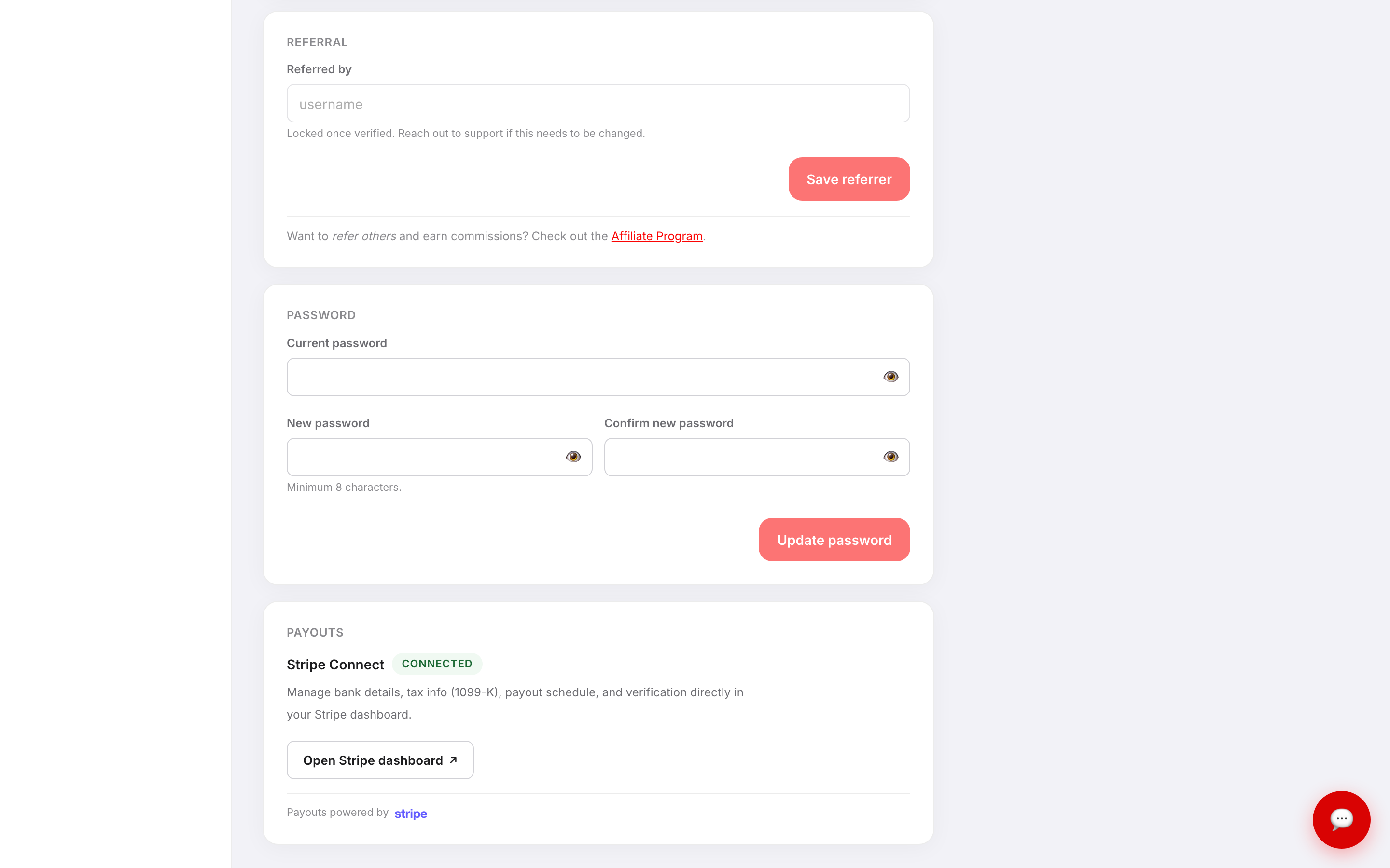 The PAYOUTS card showing Stripe Connect with a CONNECTED badge and an Open Stripe dashboard button