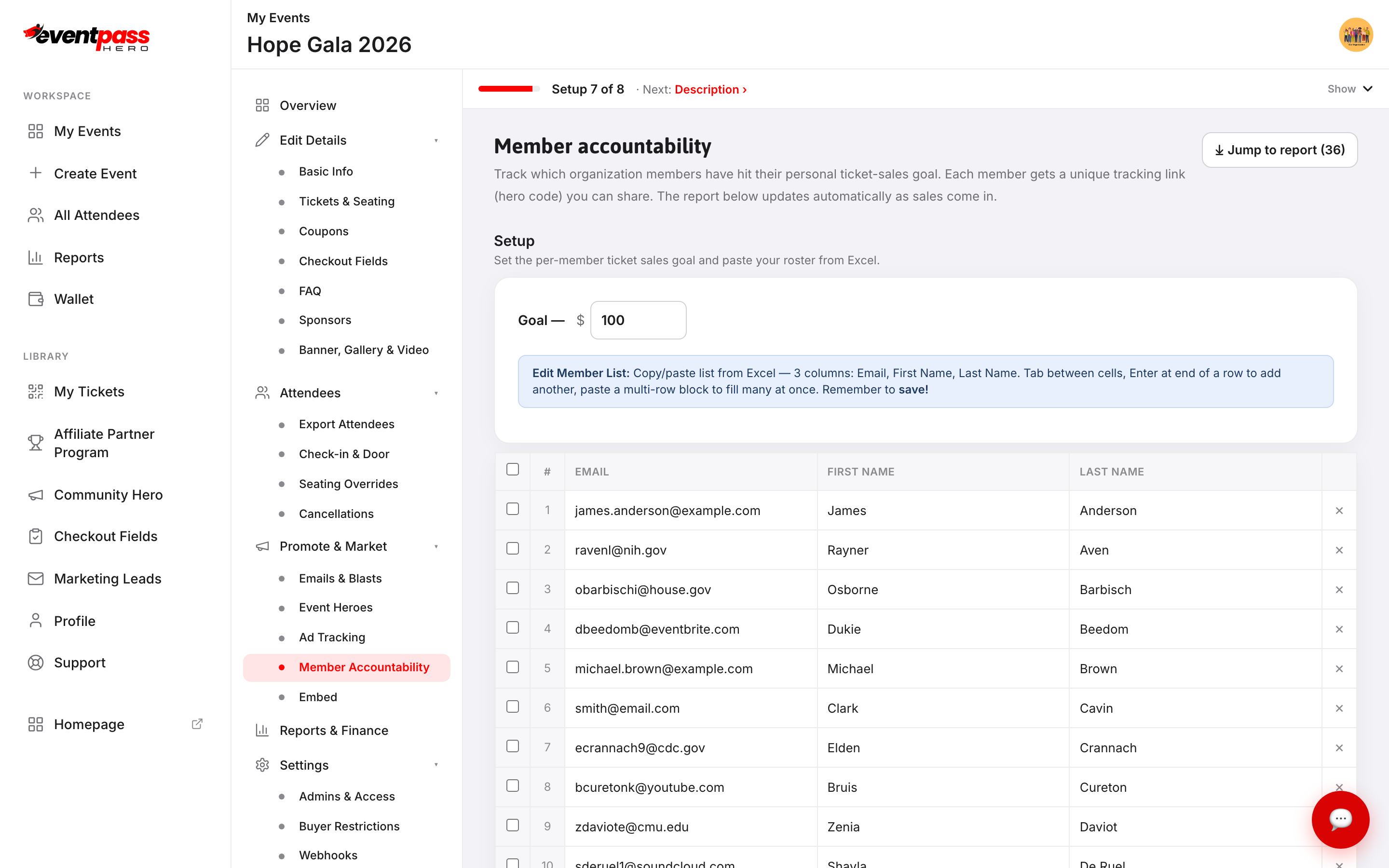 The Member accountability setup with the per-member goal and the roster grid of emails and names