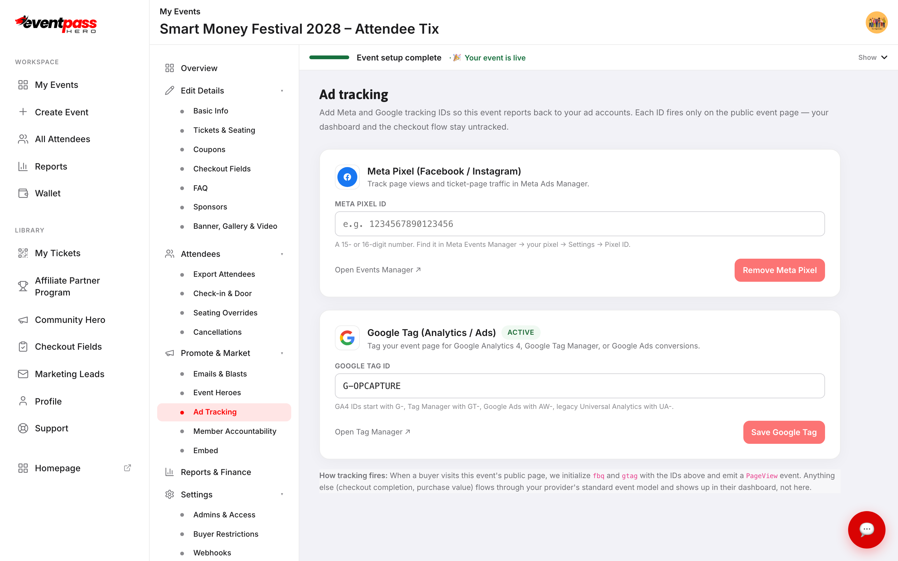 The Ad tracking screen showing the Meta Pixel and Google Tag sections side by side