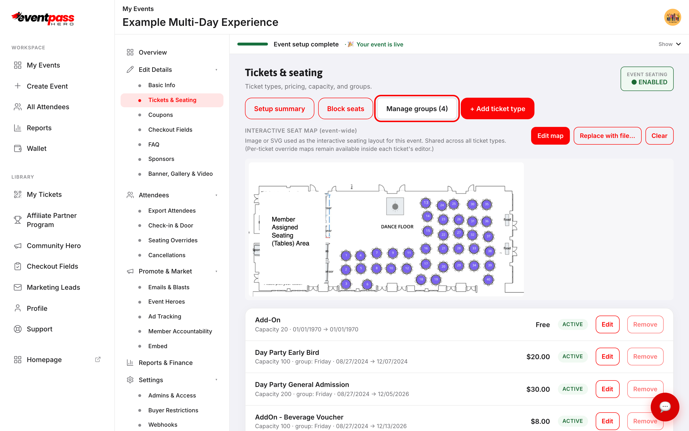 The Tickets and Seating screen header with the Manage groups button outlined in red, alongside Setup summary, Block seats, and Add ticket type