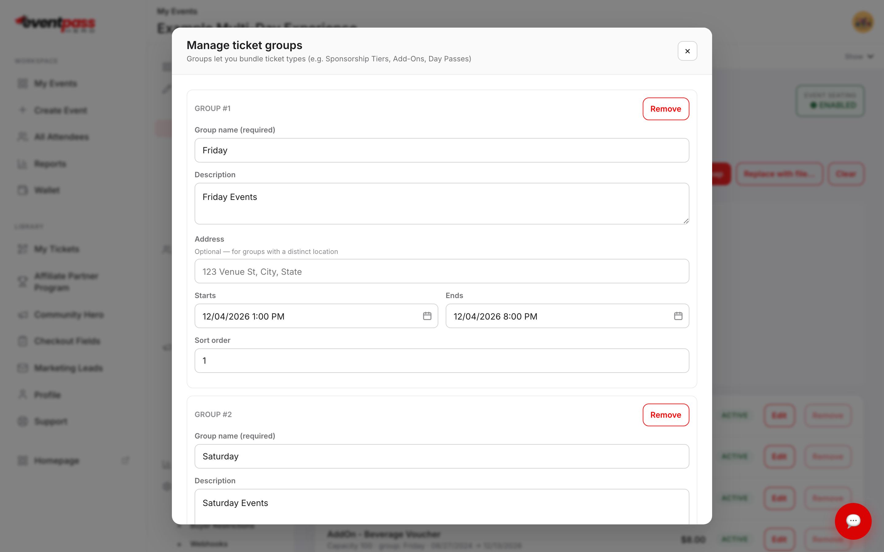 The Manage ticket groups dialog showing two groups named Friday and Saturday, each with group name, description, address, starts, ends, and sort order fields