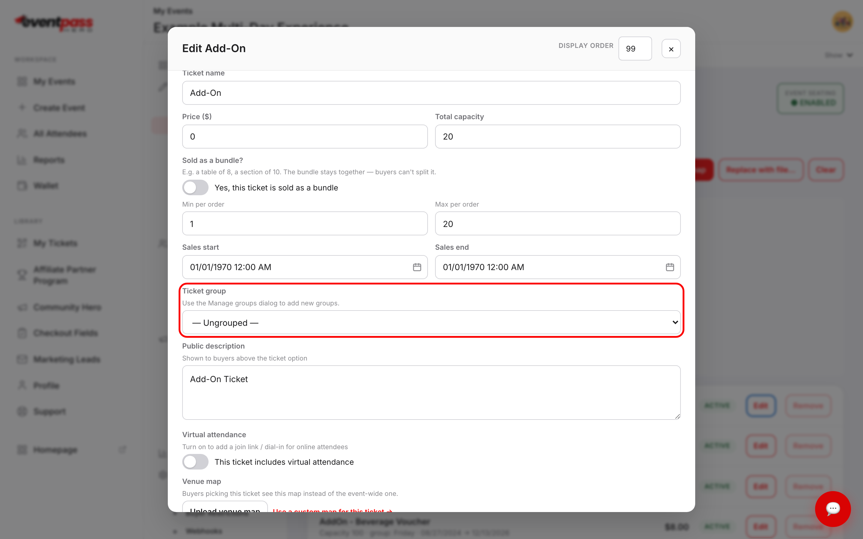 The ticket editor with the Ticket group dropdown outlined in red, set to Ungrouped, with the note to use the Manage groups dialog to add new groups