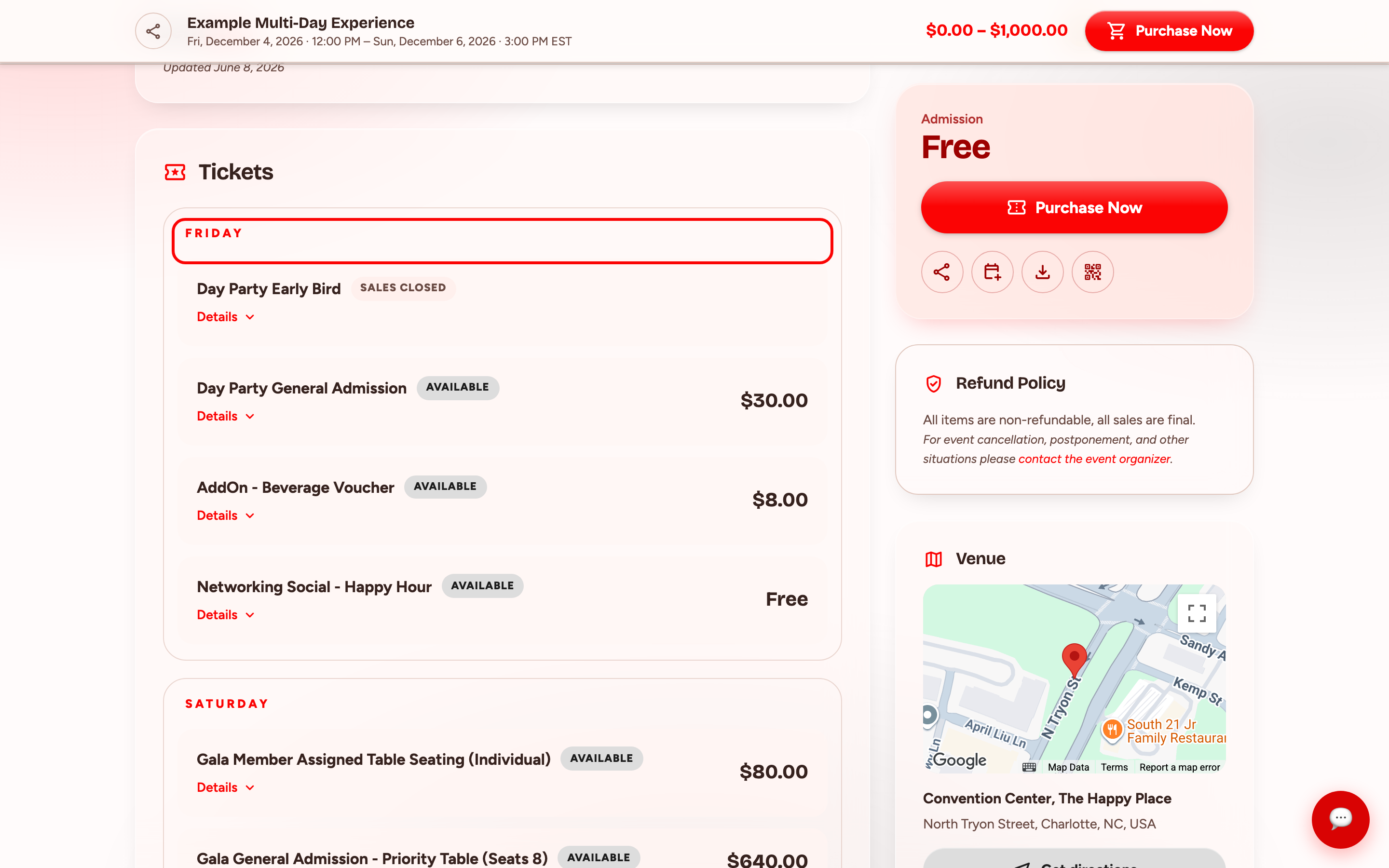 The Tickets card on a public event page showing a FRIDAY group heading outlined in red, followed by four ticket types with availability chips, prices, and Details links