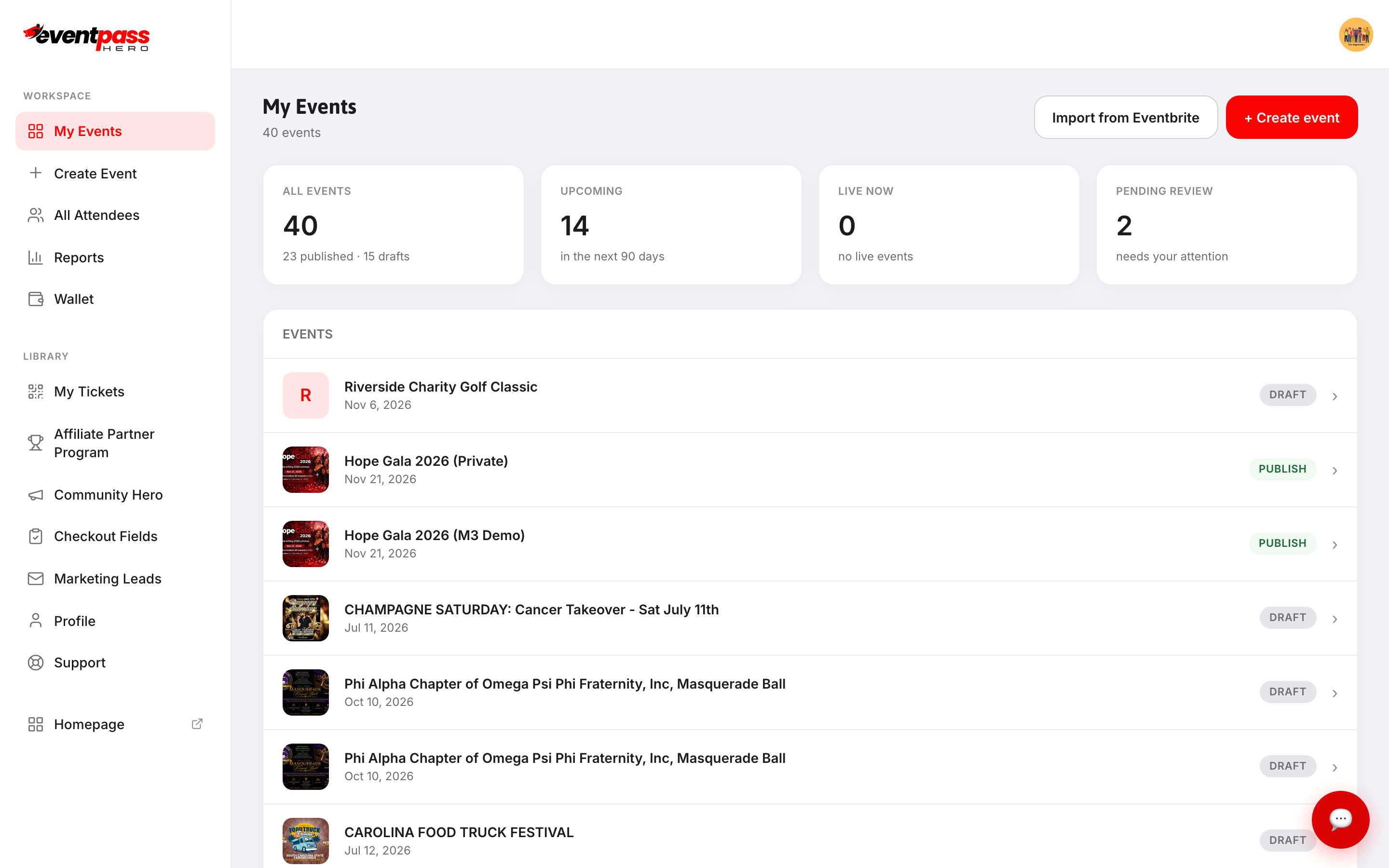 The workspace sidebar showing the My Events, All Attendees, Reports, and Wallet links plus the Library section