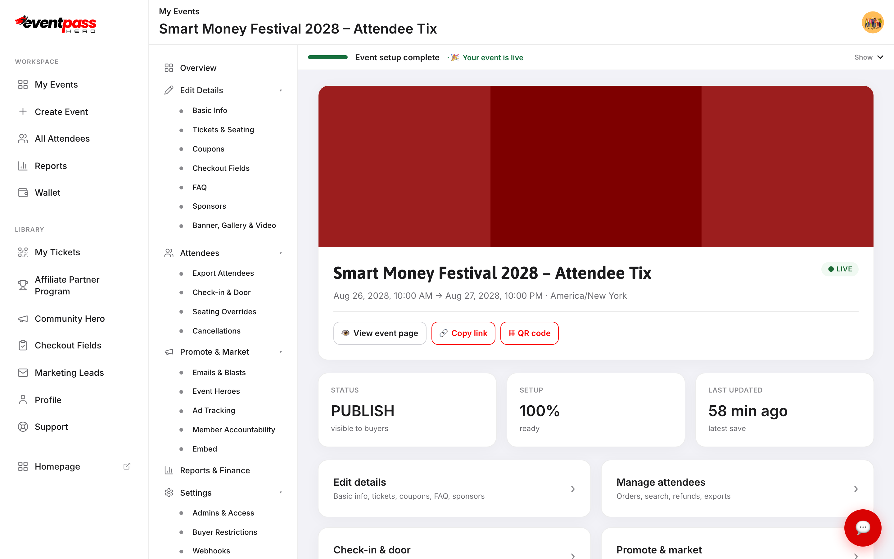 The event hub for Smart Money Festival showing the status cards, setup progress, and the inner sidebar with all event screens listed