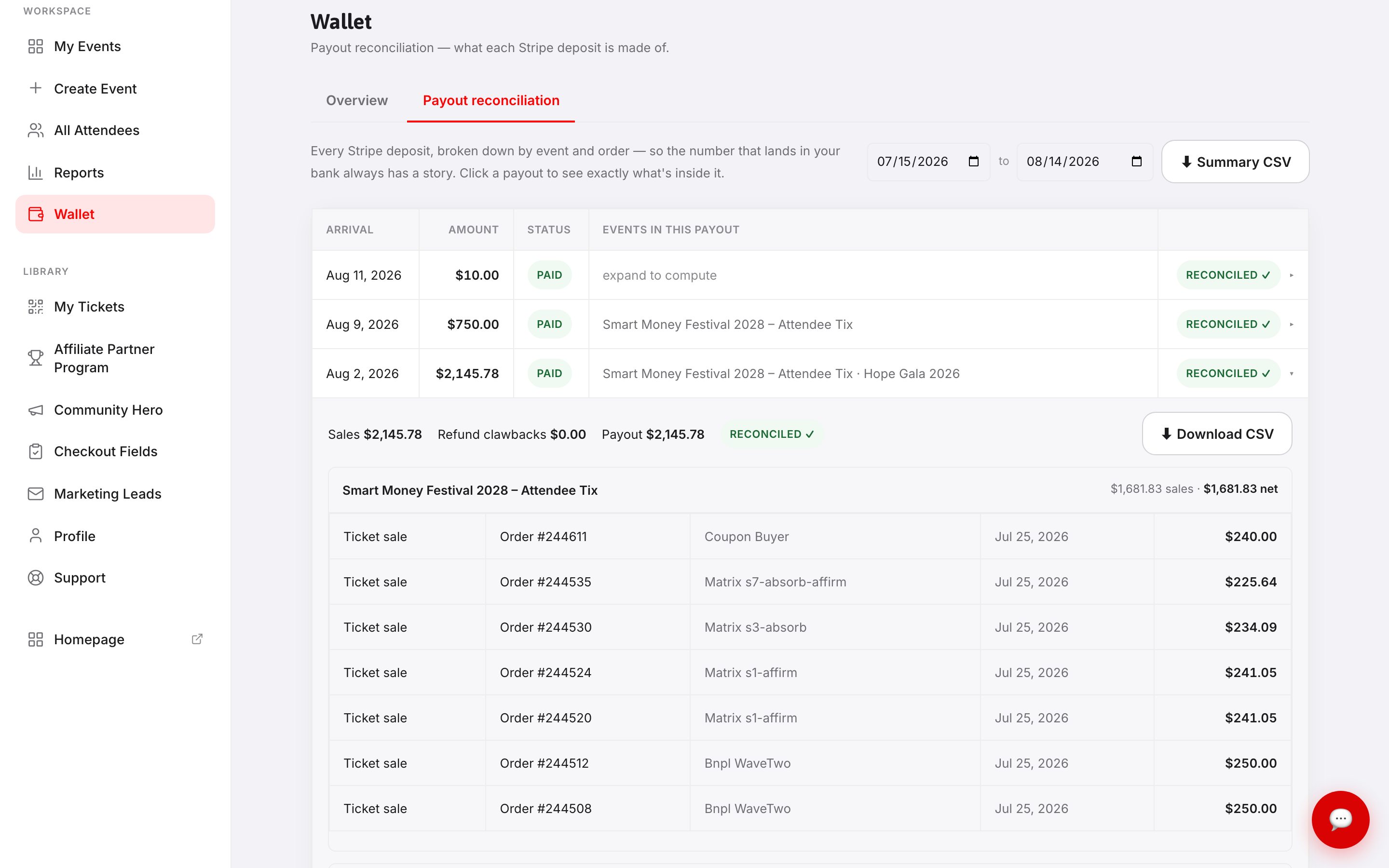 An expanded payout showing two events with their individual orders summing to the deposit total