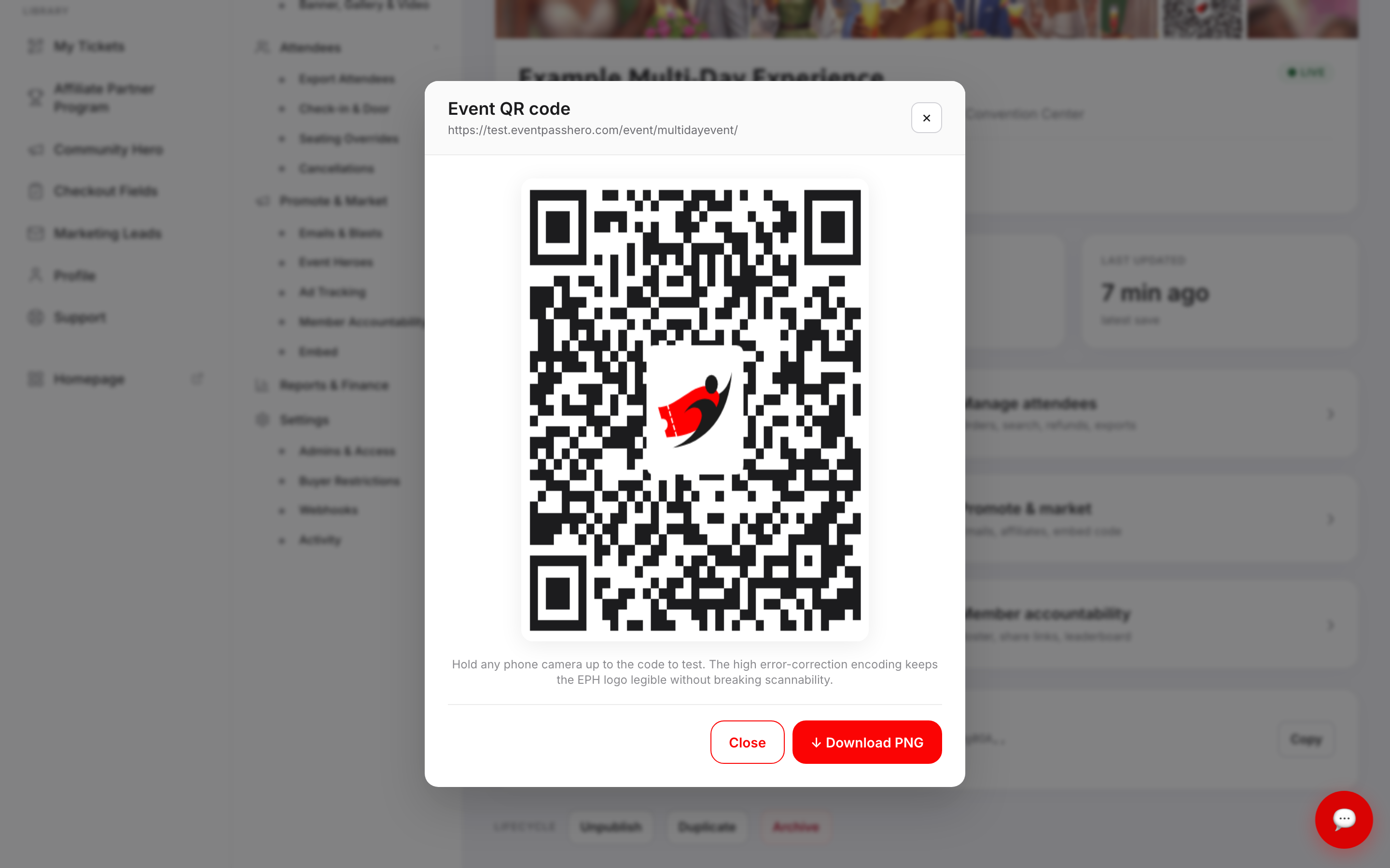 The Event QR code dialog showing a branded QR code with the EventPassHero logo in the centre, the event URL, and Close and Download PNG buttons