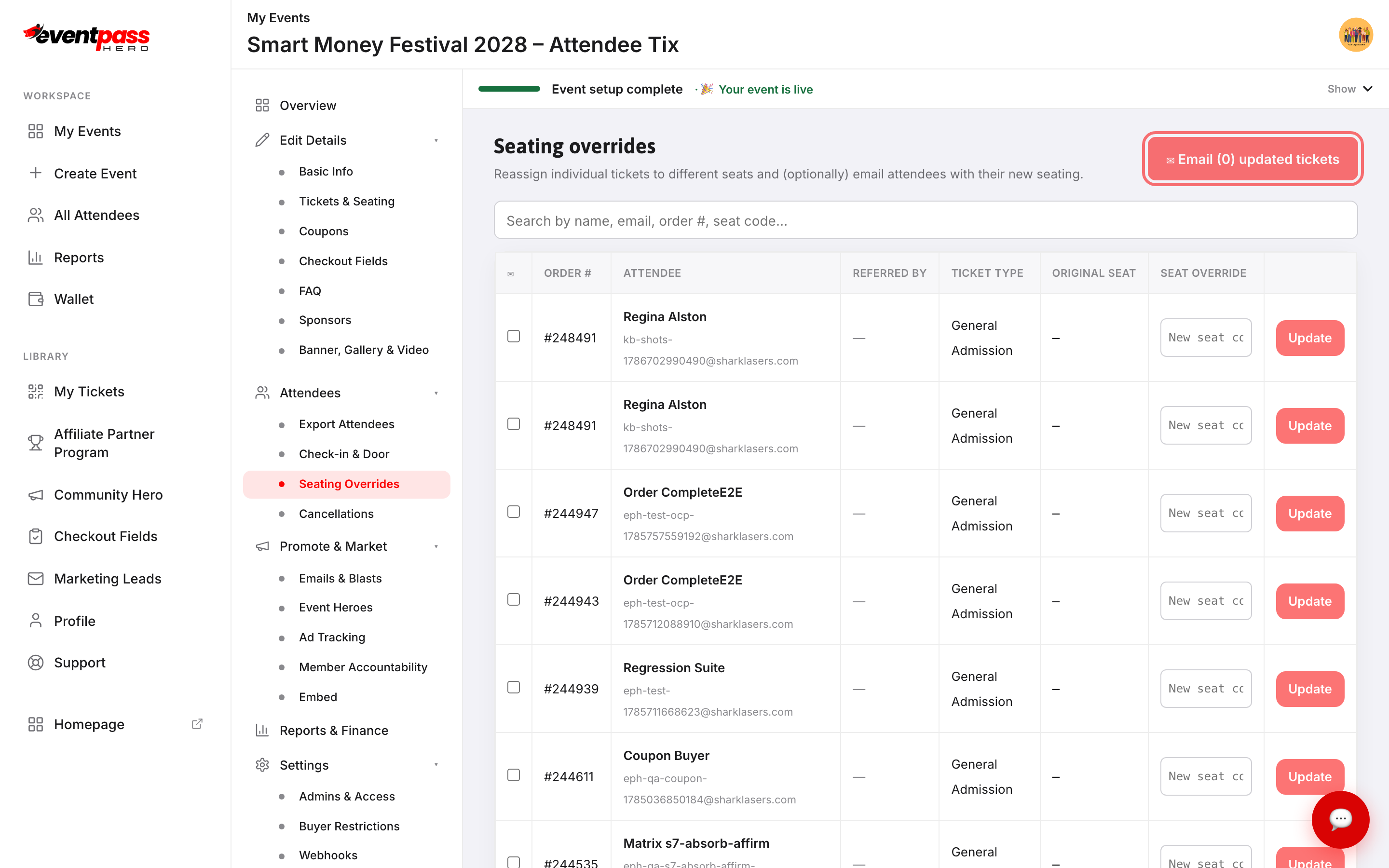 The Seating Overrides screen with the Email updated tickets button highlighted at the top right, above the list of sold tickets