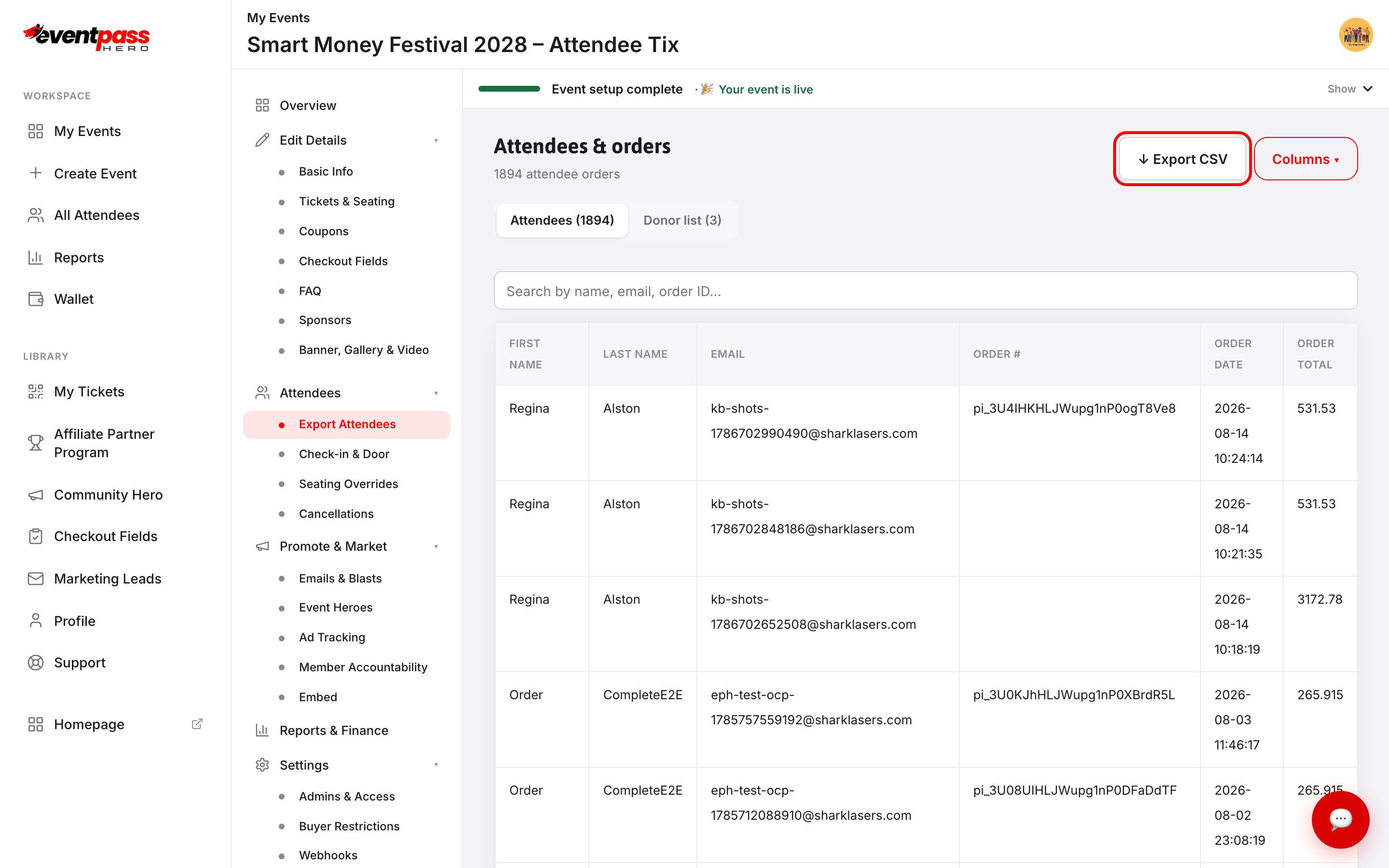 The Attendees & orders screen with the Export CSV button highlighted