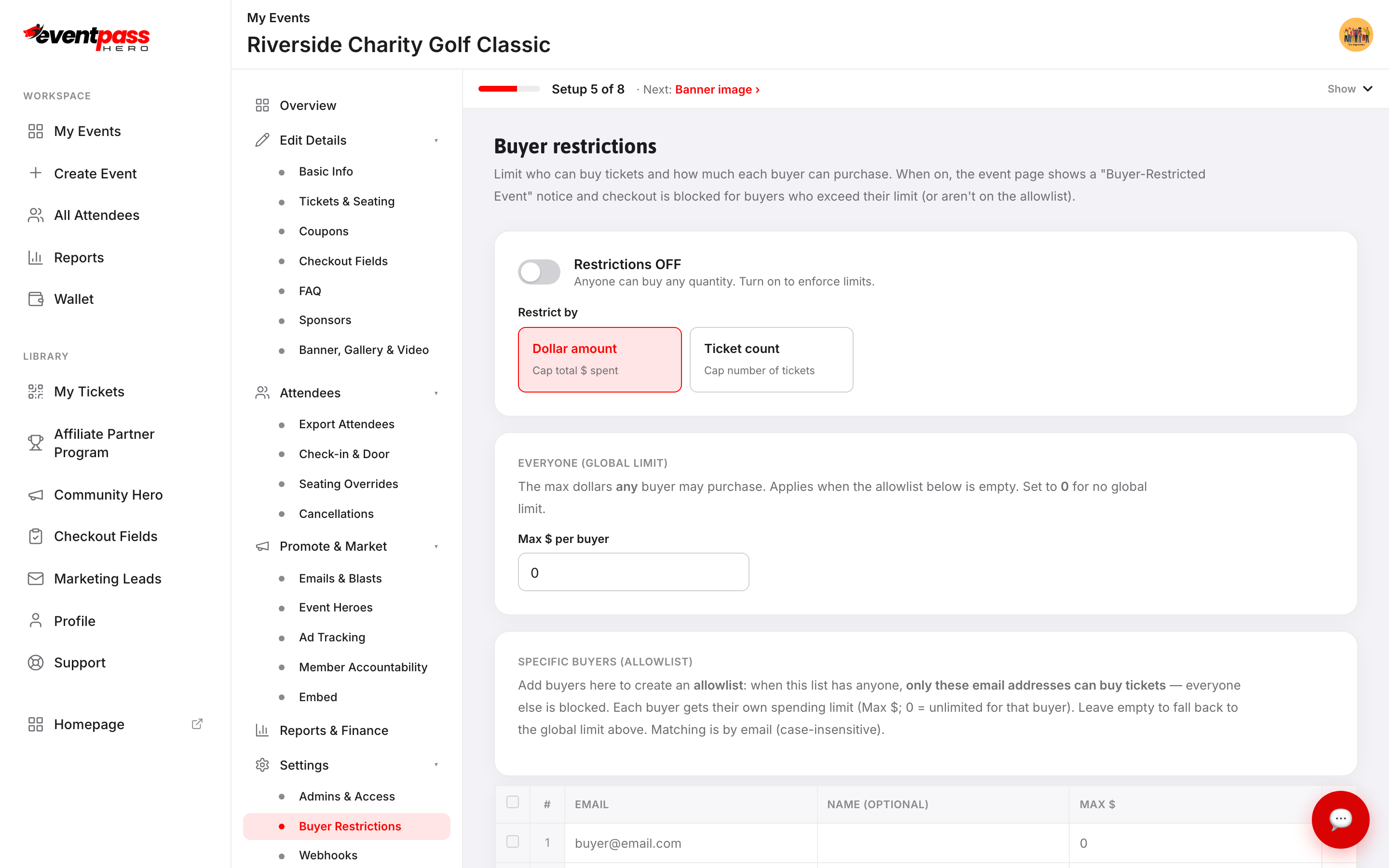 The Buyer Restrictions screen showing the Restrictions OFF toggle and two restriction modes: Dollar amount and Ticket count