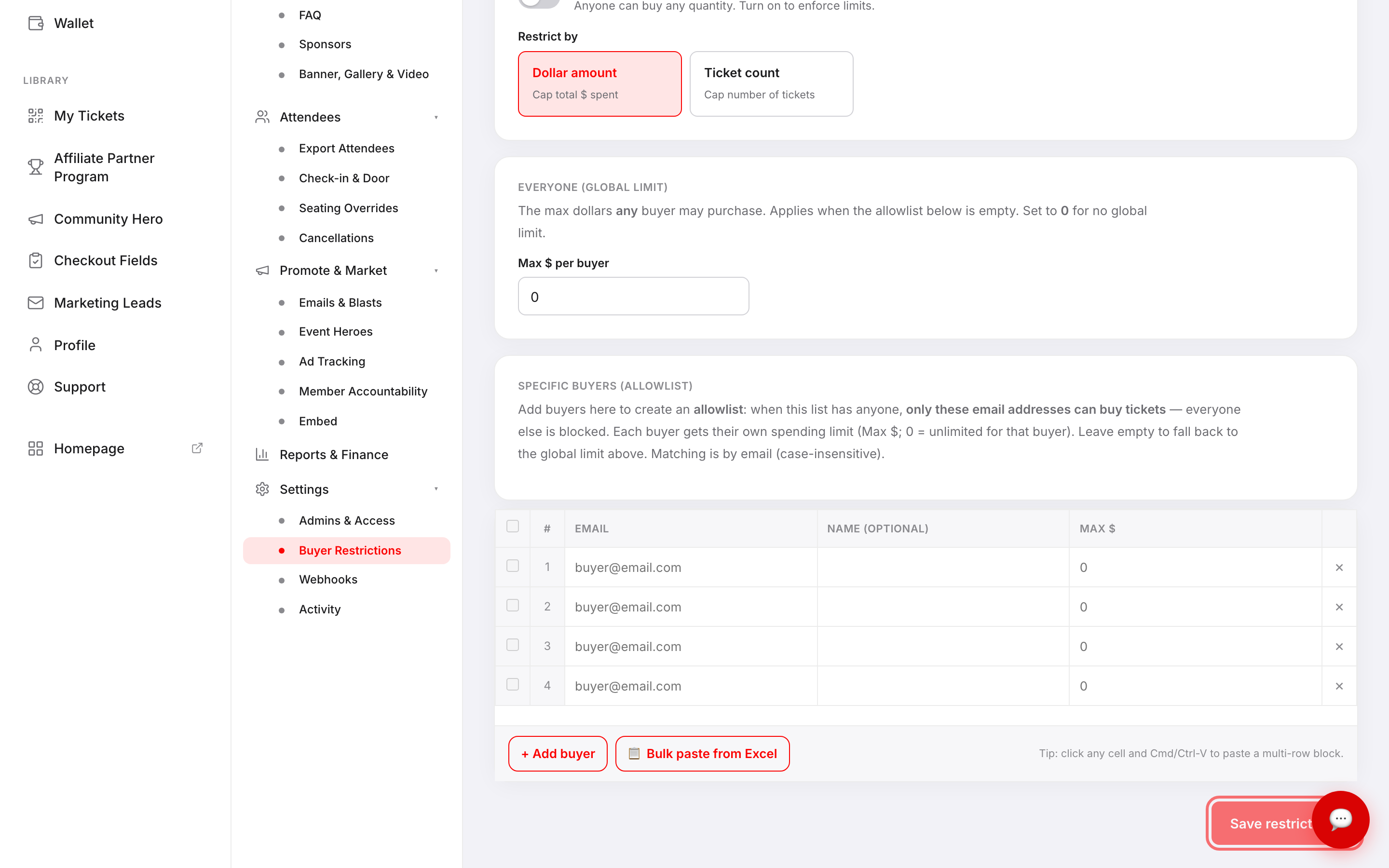 The allowlist table with a sample buyer email entered and the Save restrictions button highlighted