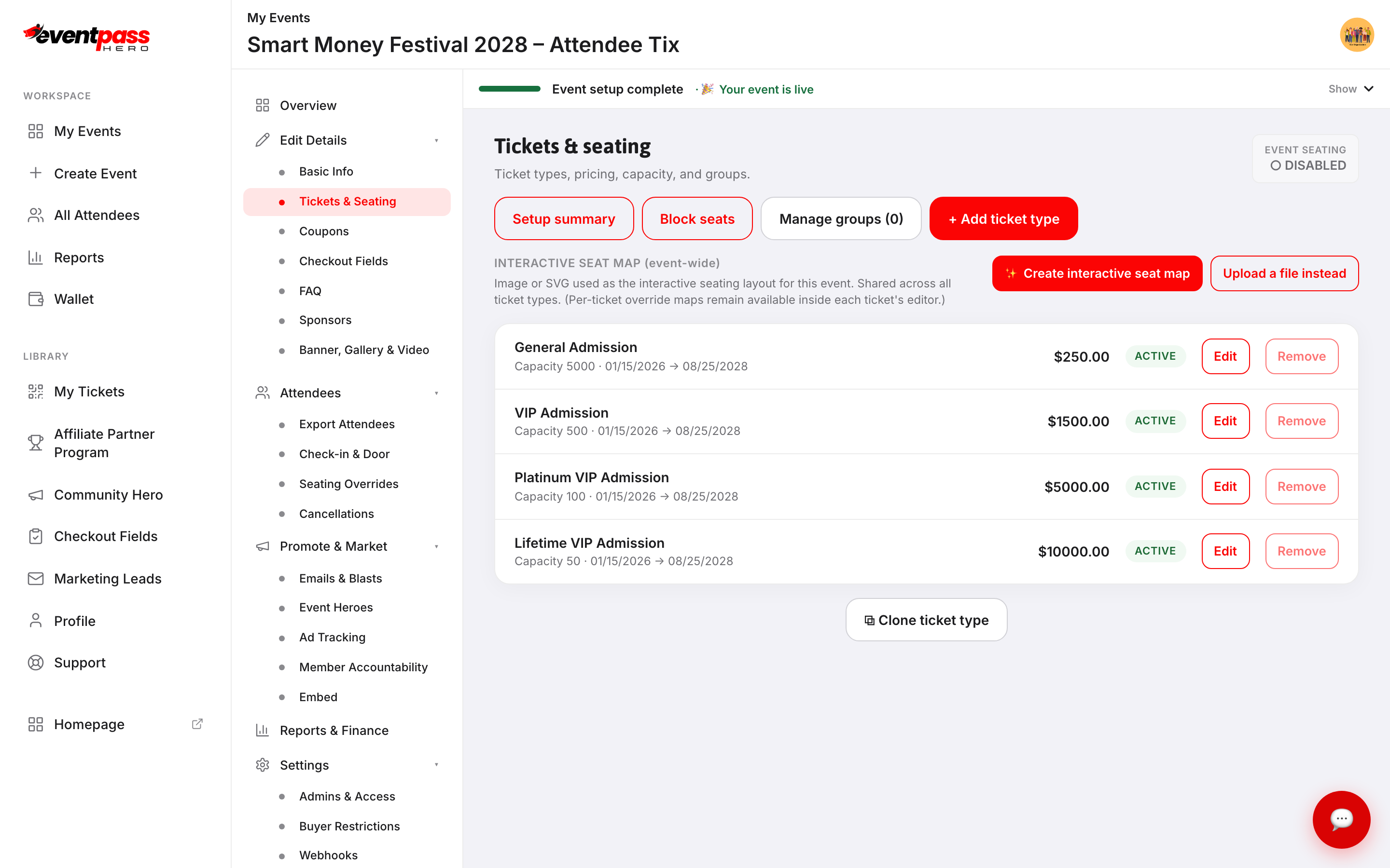The Tickets & seating screen listing ticket types with price, capacity, sales dates, and active status