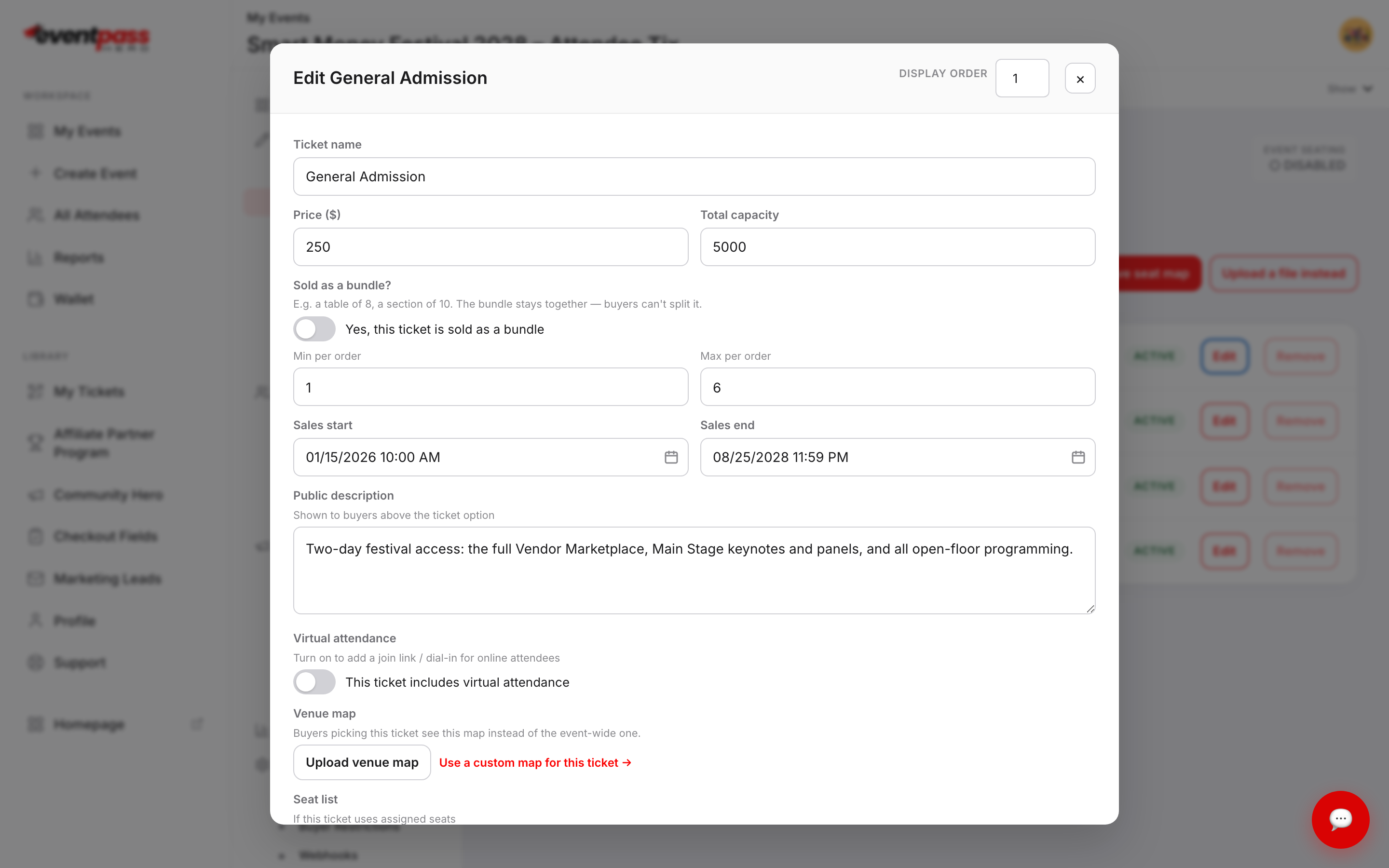 The ticket editor with name, price, capacity, bundle toggle, per-order limits, and sales window fields