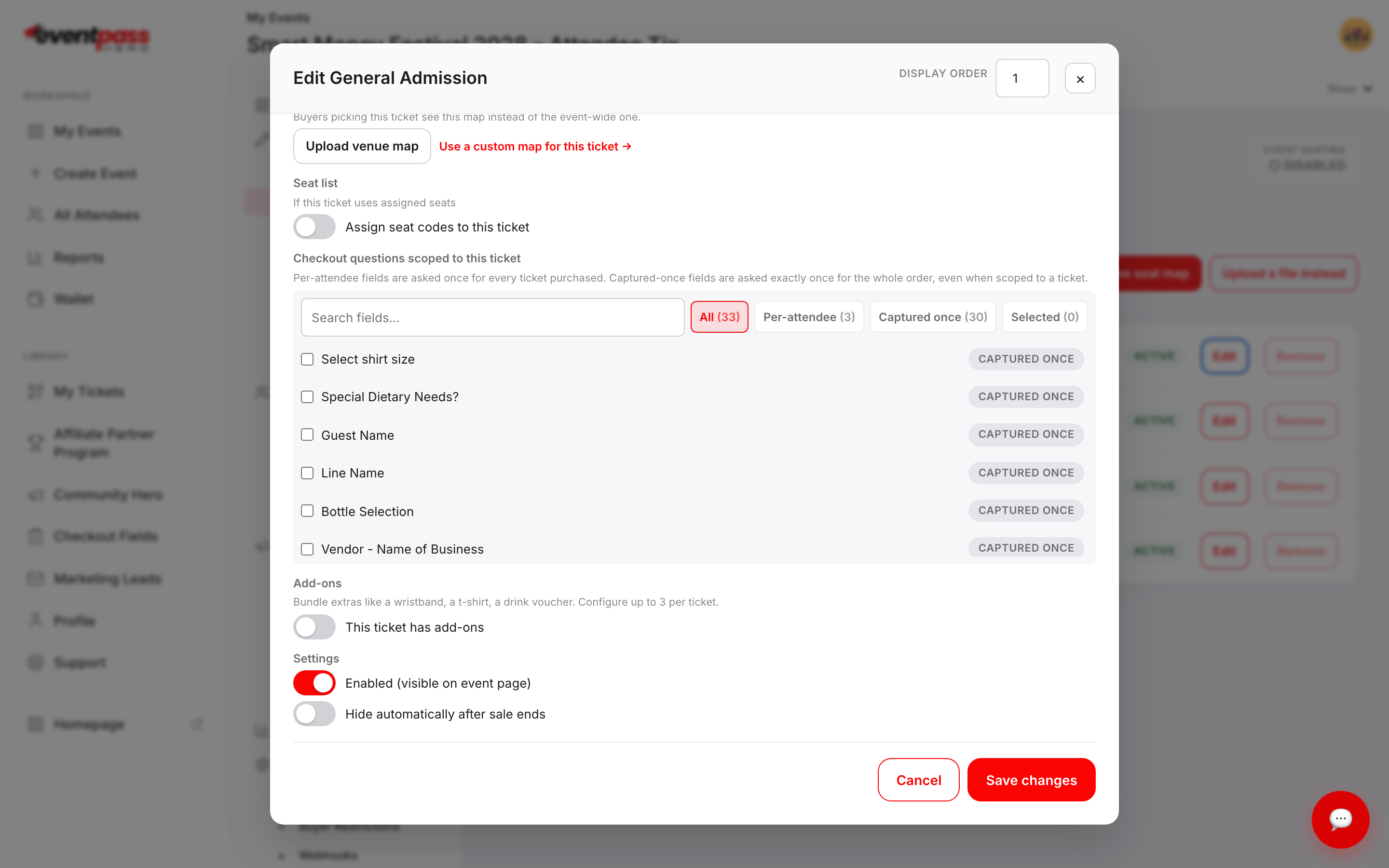The lower half of the ticket editor: seat list, checkout questions scoped to this ticket, add-ons, and visibility settings