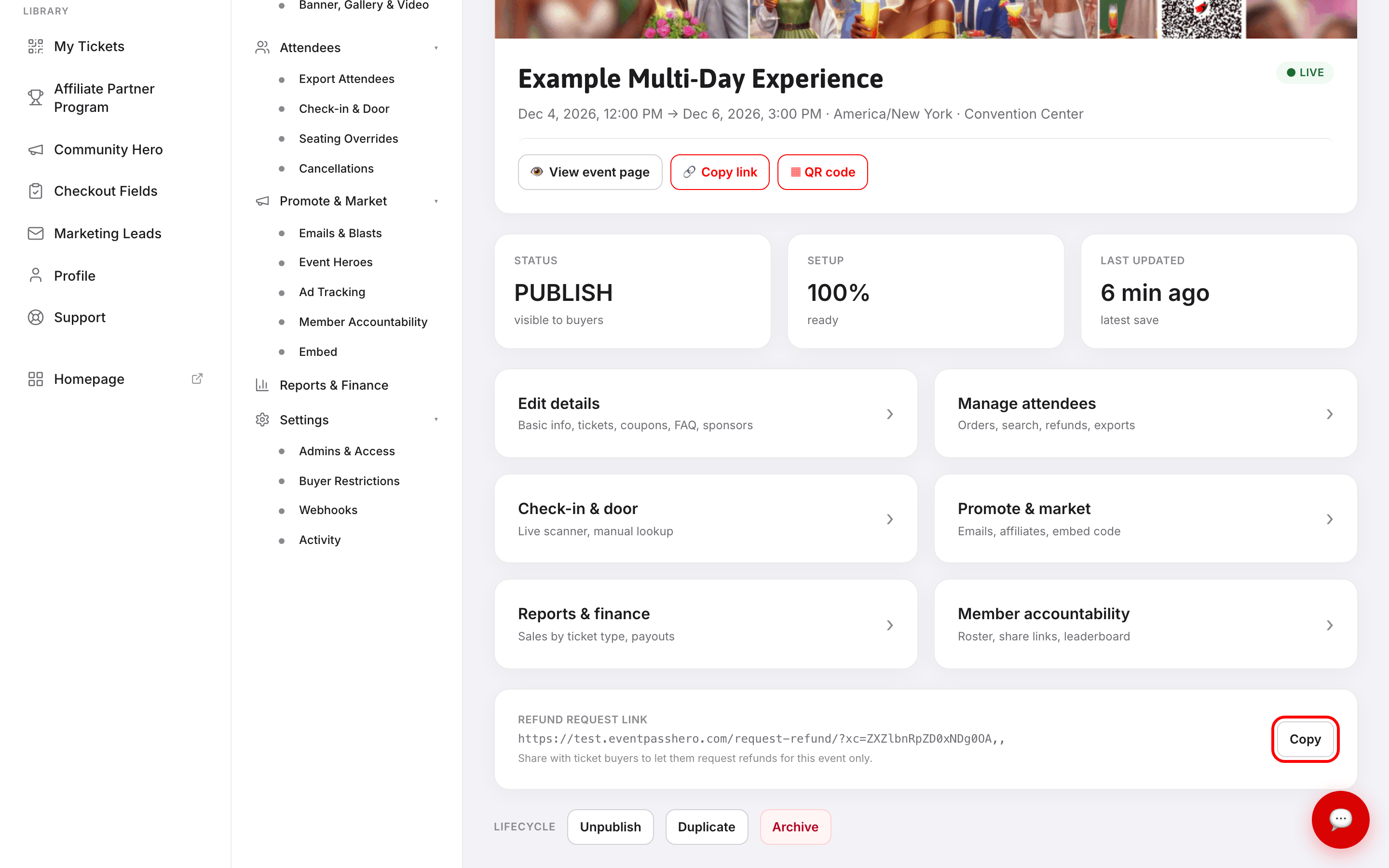 The event hub with the Refund Request Link card showing the event-specific URL and a Copy button outlined in red
