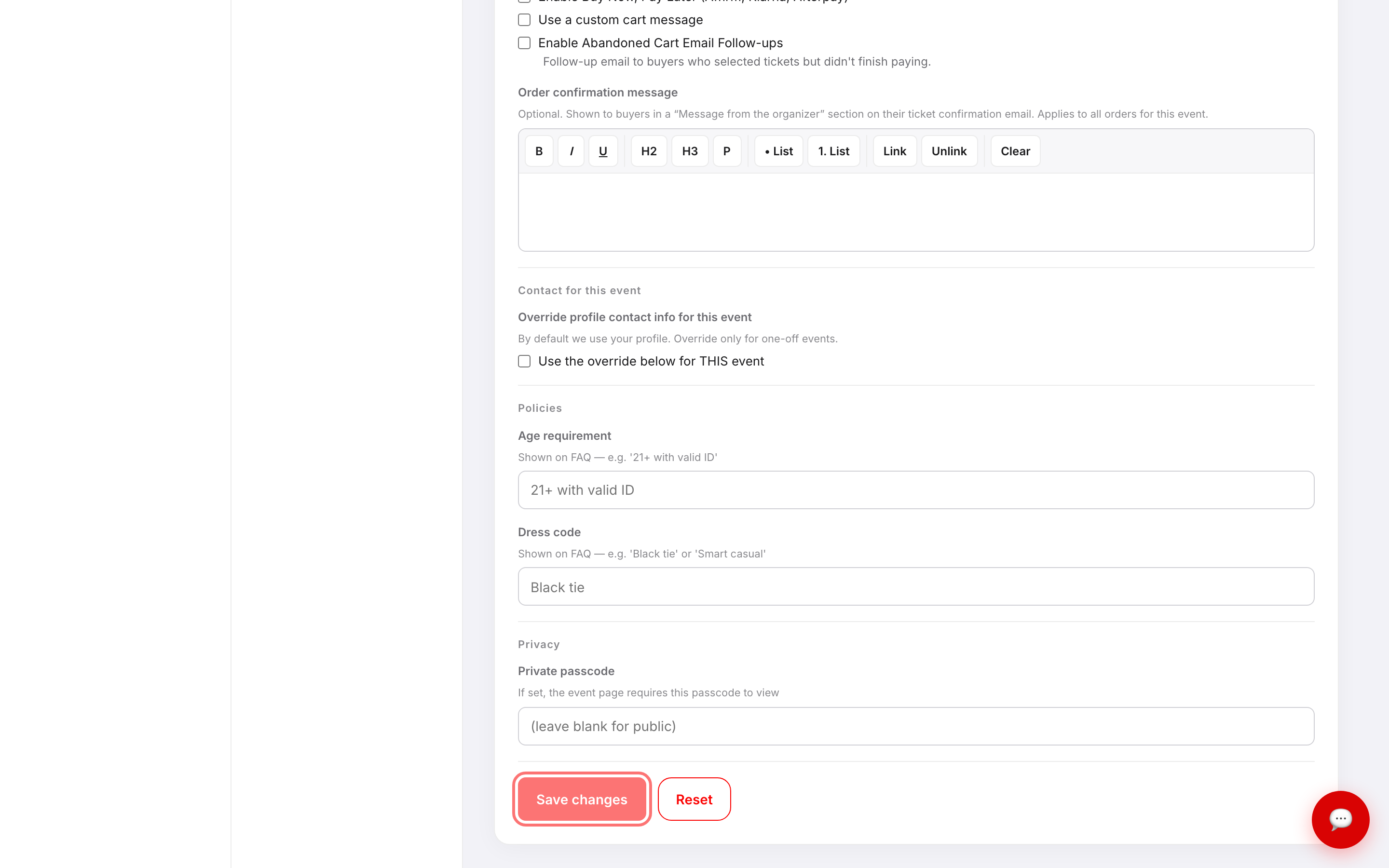 The Basic Info screen with the Save changes button highlighted, illustrating that saving the event triggers a fresh tax rate lookup