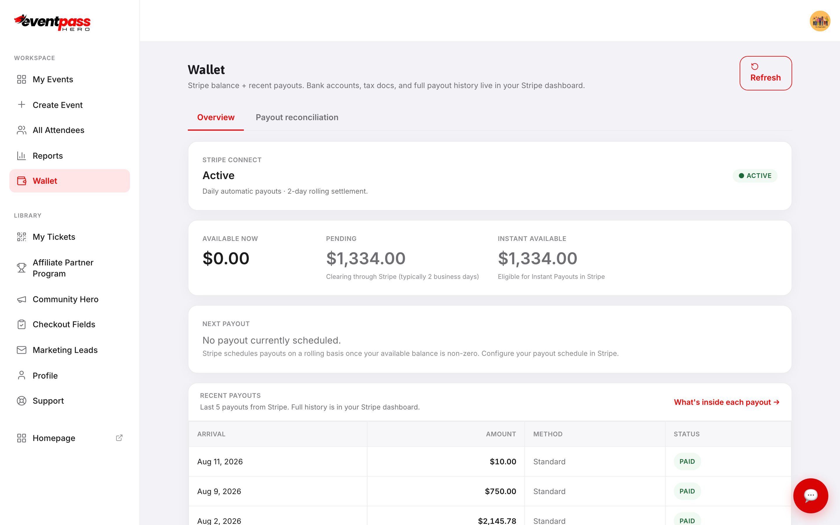 The Wallet screen showing Stripe Connect status, available and pending balances, next payout, and the Recent payouts list below