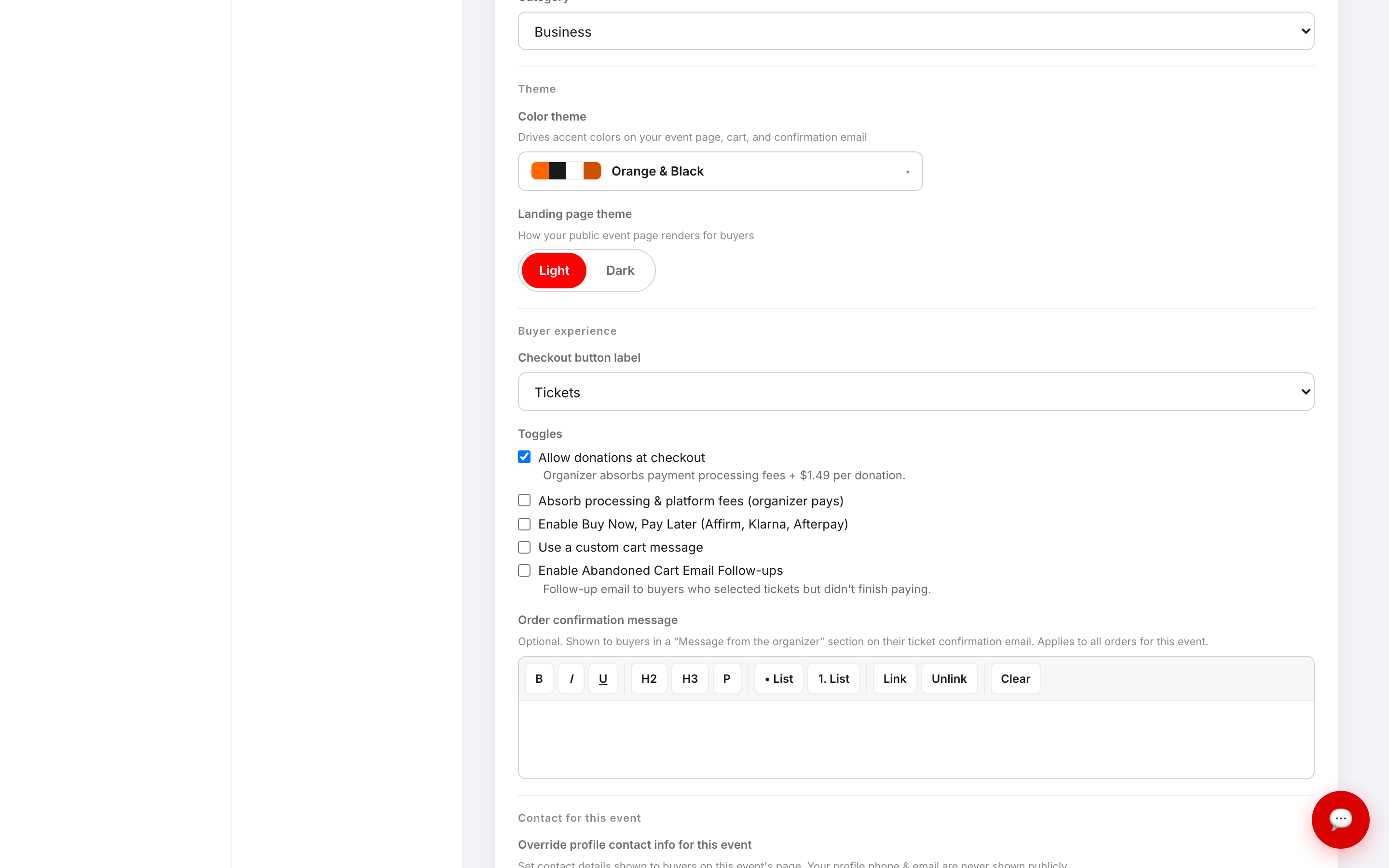 The Buyer experience section of the Basic Info screen showing the Toggles block with checkboxes for donations, absorbing fees, Buy Now Pay Later, custom cart message, and abandoned cart emails